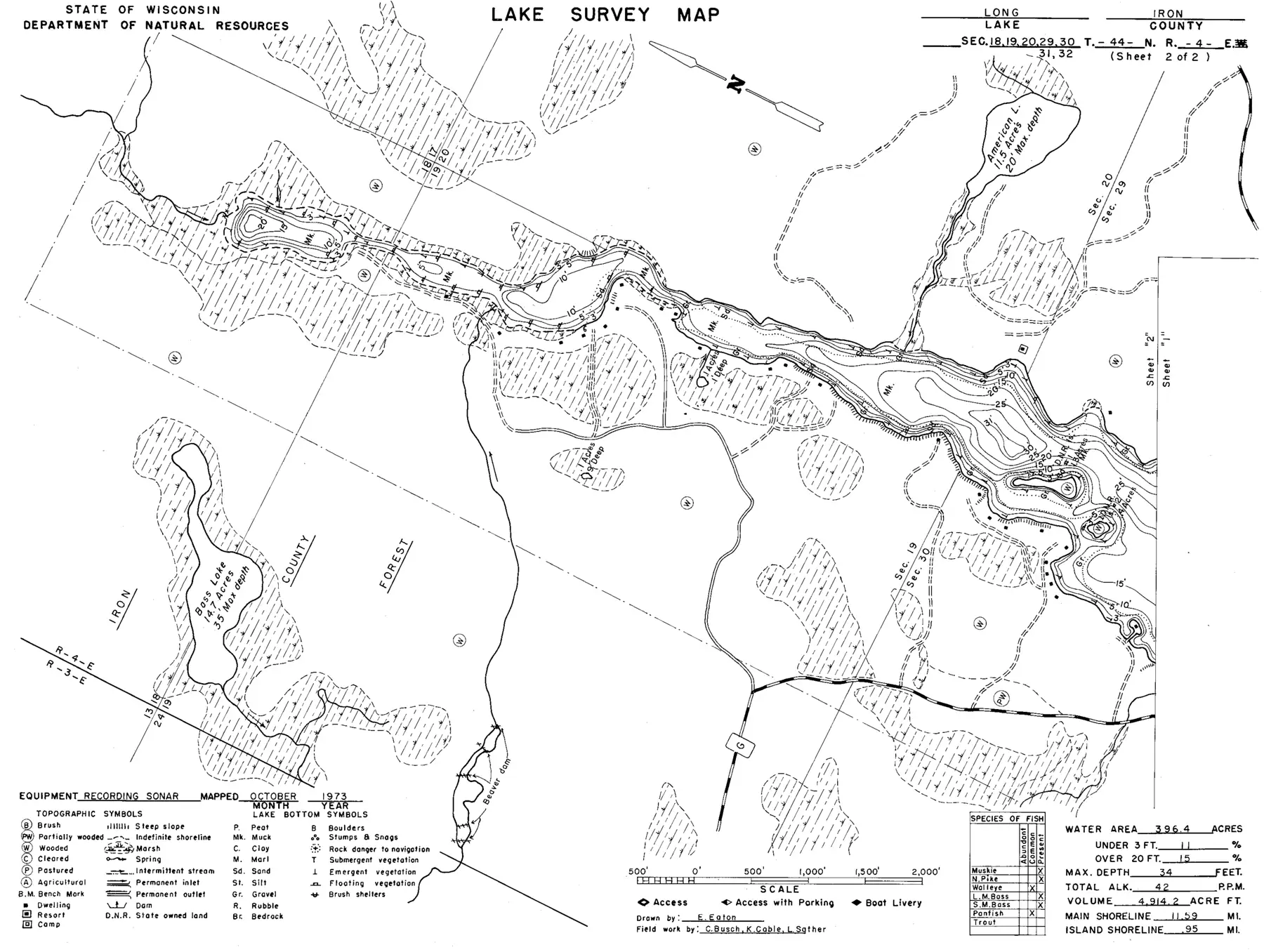 DNR survey map of Long Lake, sheet 2 of 2, with depths in feet. Tap to zoom.