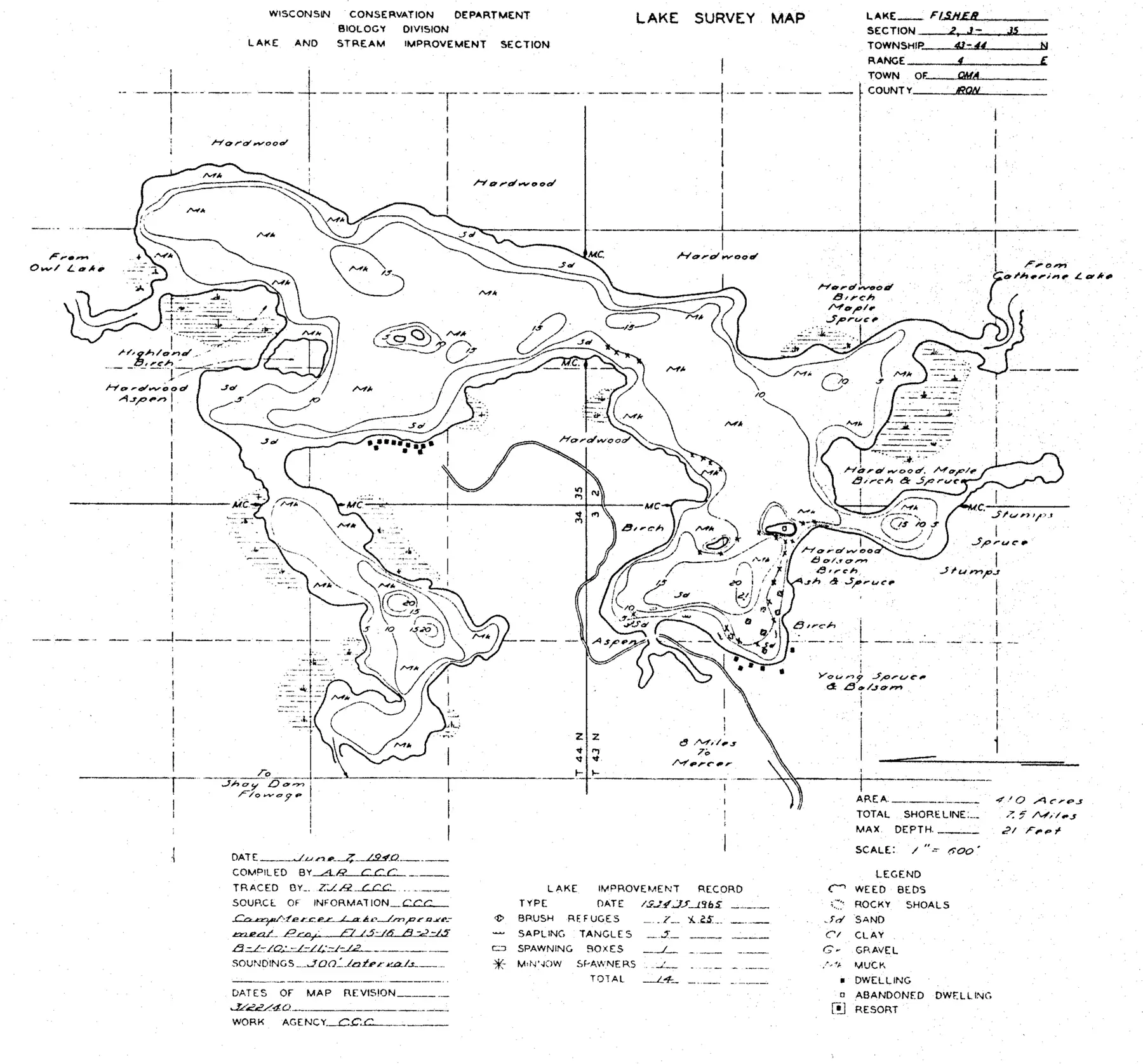 DNR survey map of Fisher Lake, with depths in feet. Tap to zoom.