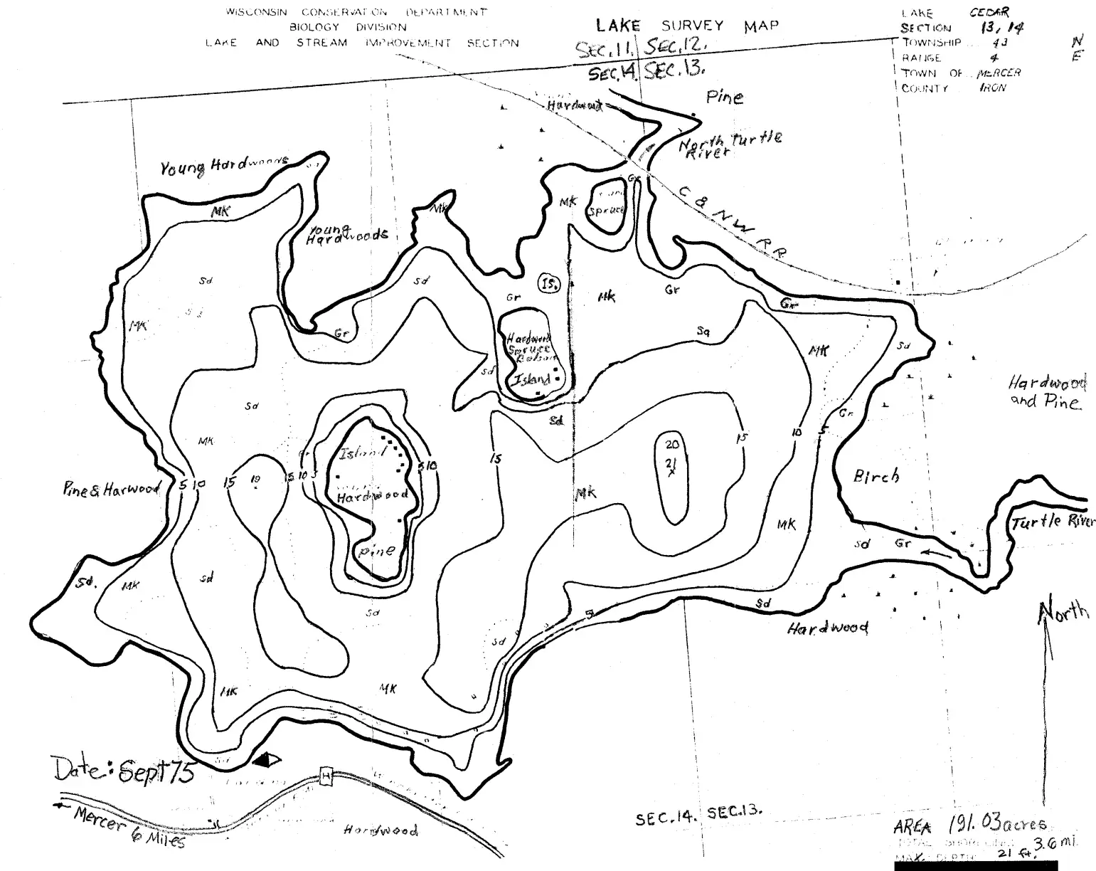 DNR survey map of Cedar Lake, with depths in feet. Tap to zoom.