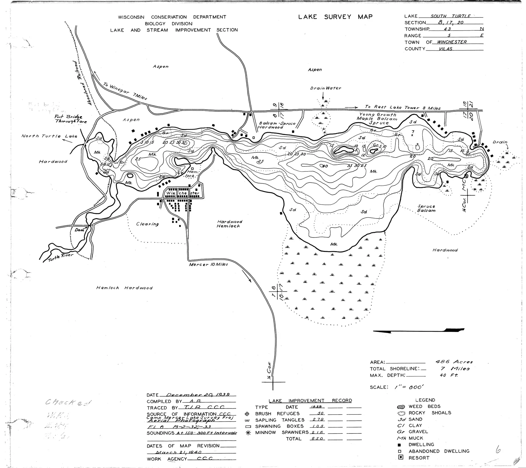 DNR survey map of South Turtle Lake, with depths in feet. Tap to zoom.