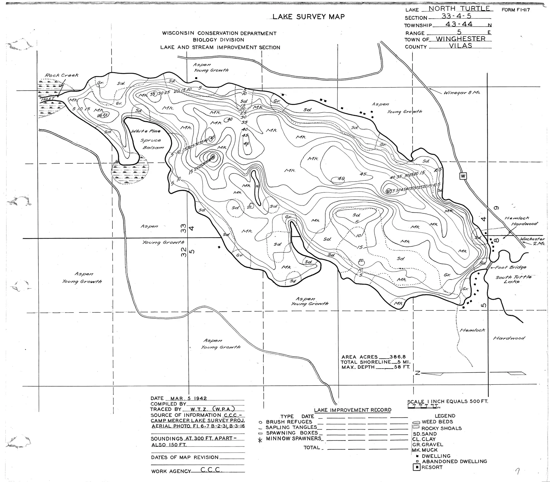 DNR survey map of North Turtle Lake, with depths in feet. Tap to zoom.