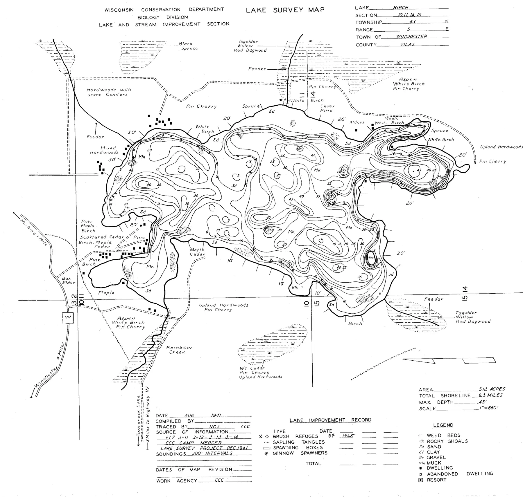 DNR survey map of Birch Lake, with depths in feet. Tap to zoom.