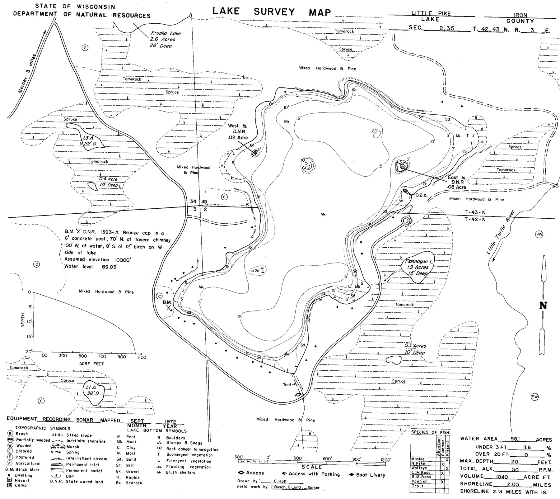 DNR survey map of Little Pike Lake, with depths in feet. Tap to zoom.