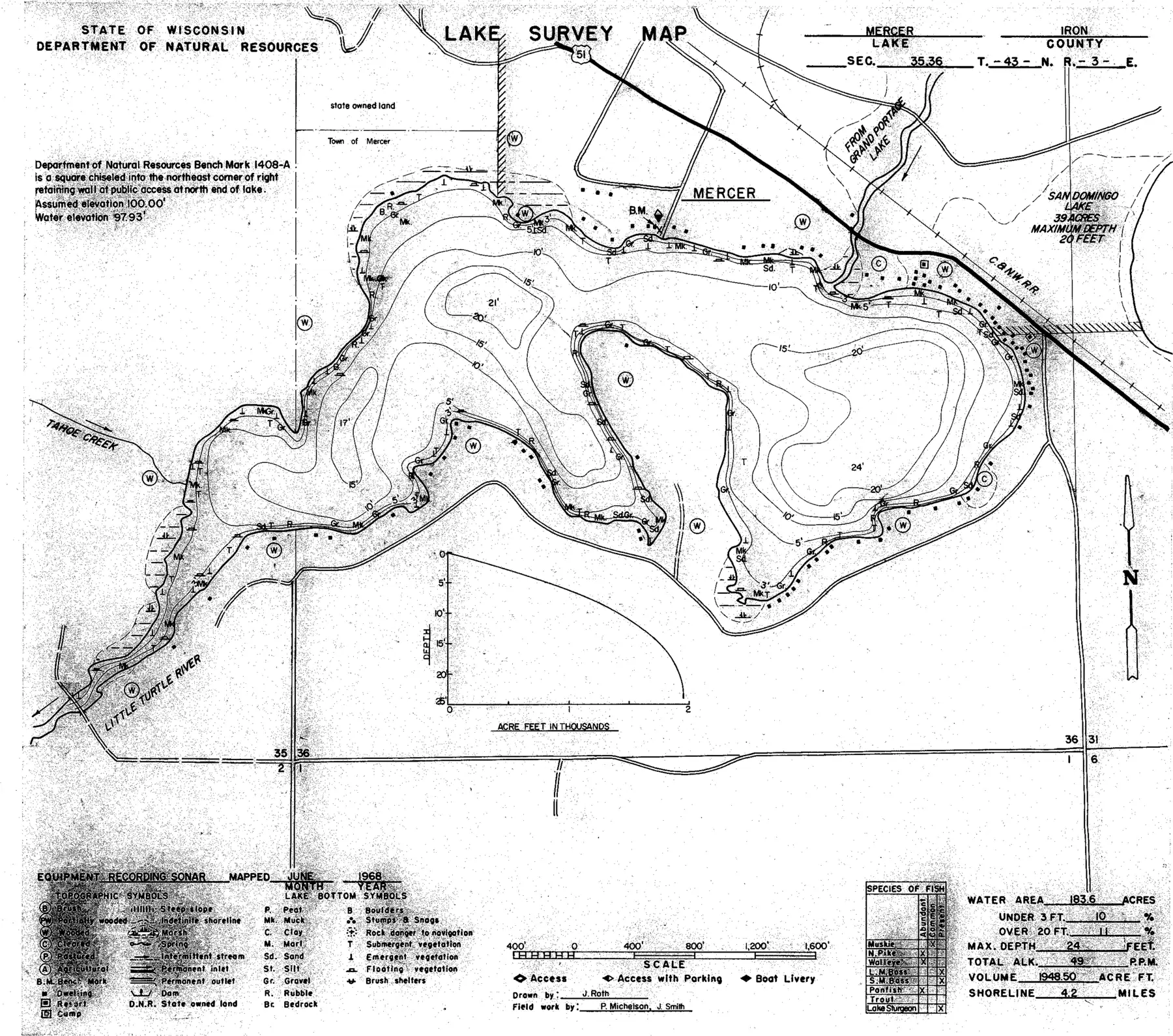 DNR survey map of Mercer Lake, with depths in feet. Tap to zoom.
