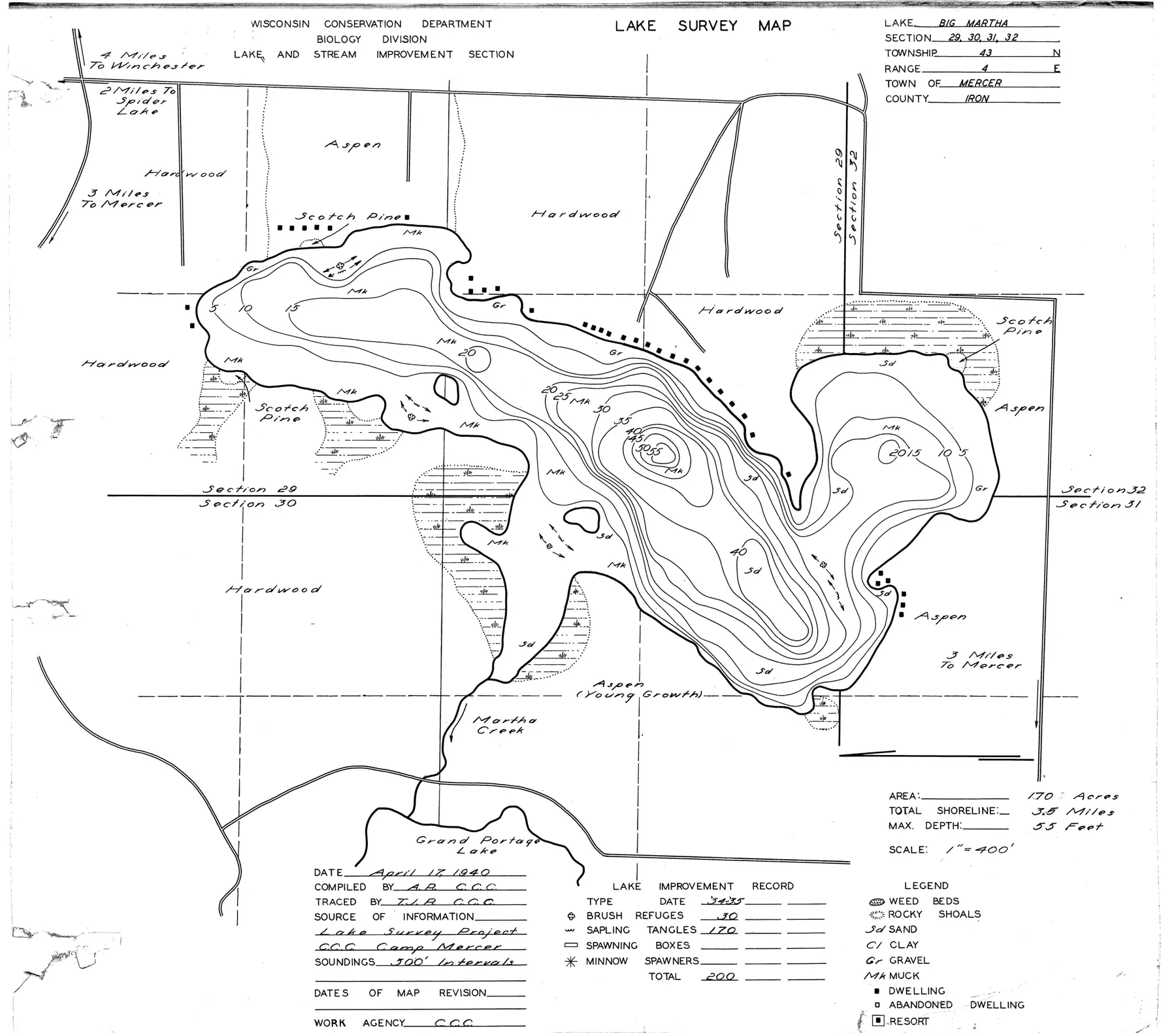 DNR survey map of Martha Lake, with depths in feet. Tap to zoom.