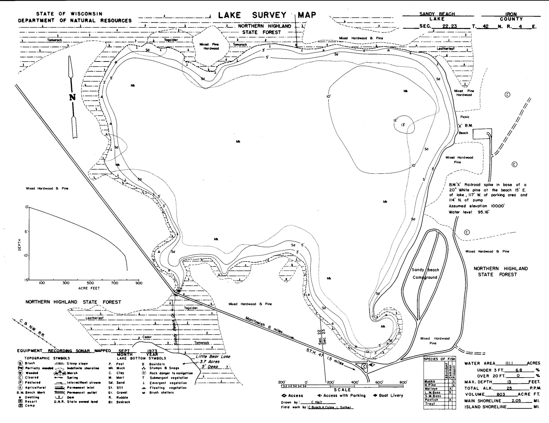 DNR survey map of Sandy Beach Lake, with depths in feet. Tap to zoom.
