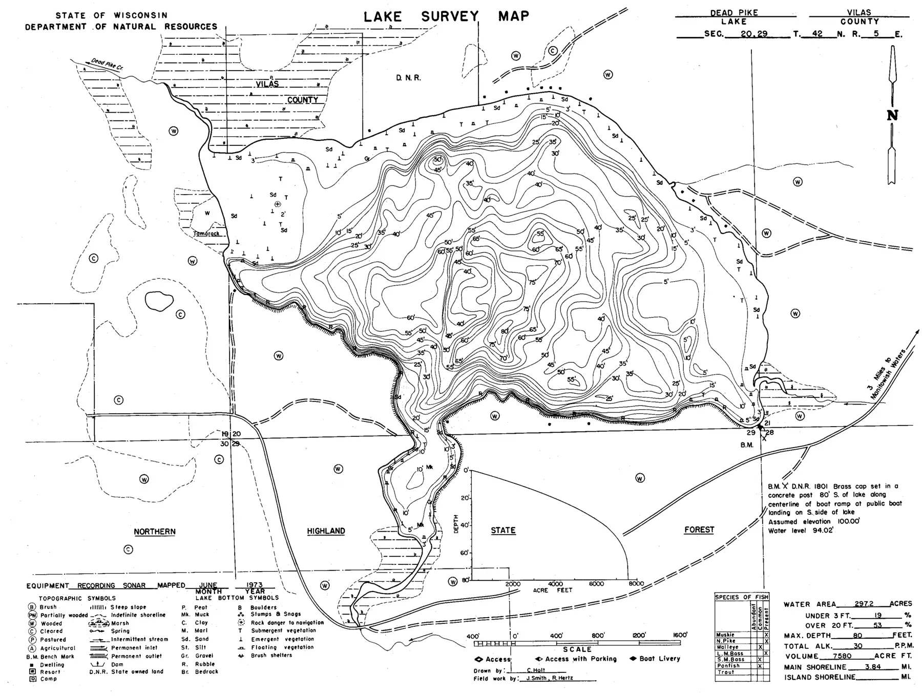 DNR survey map of Dead Pike Lake, with depths in feet. Tap to zoom.