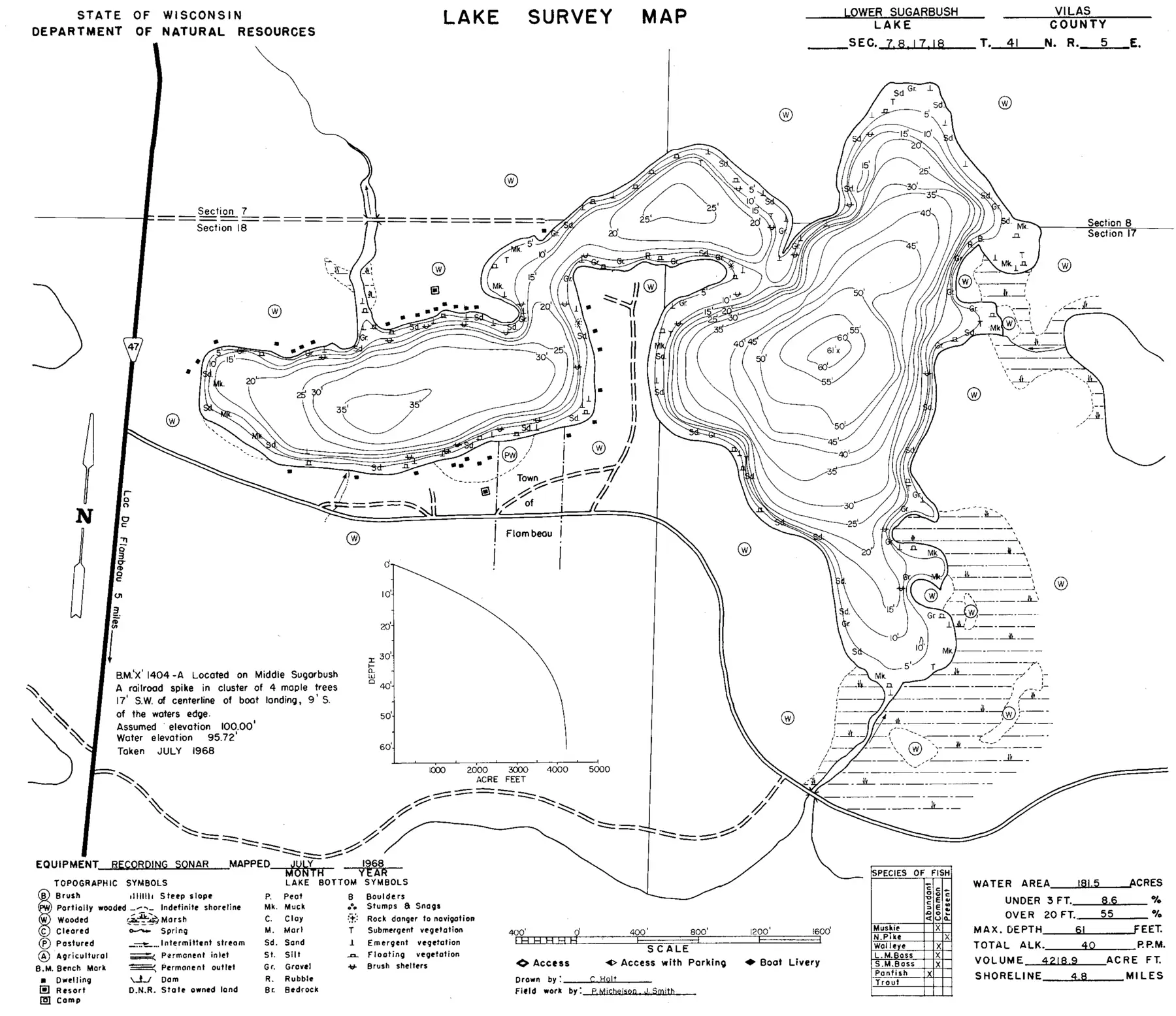 DNR survey map of Lower Sugarbush Lake, with depths in feet. Tap to zoom.