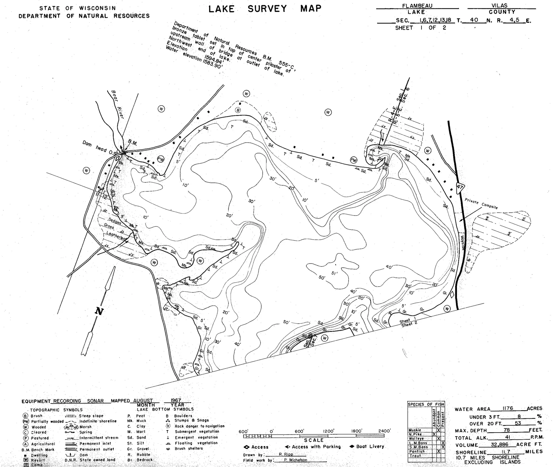 DNR survey map of Flambeau Lake, sheet 1 of 2, with depths in feet. Tap to zoom.