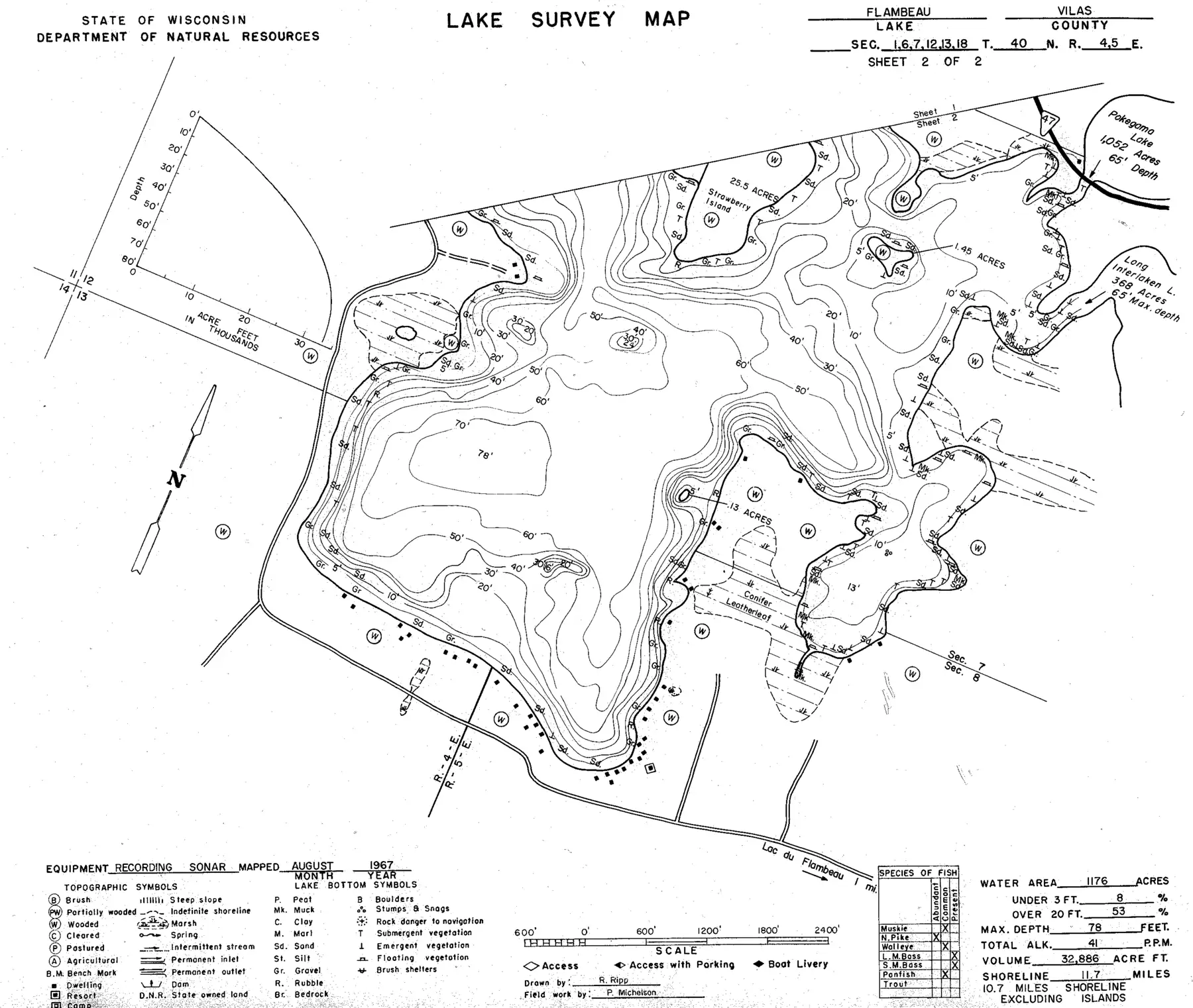 DNR survey map of Flambeau Lake, sheet 2 of 2, with depths in feet. Tap to zoom.