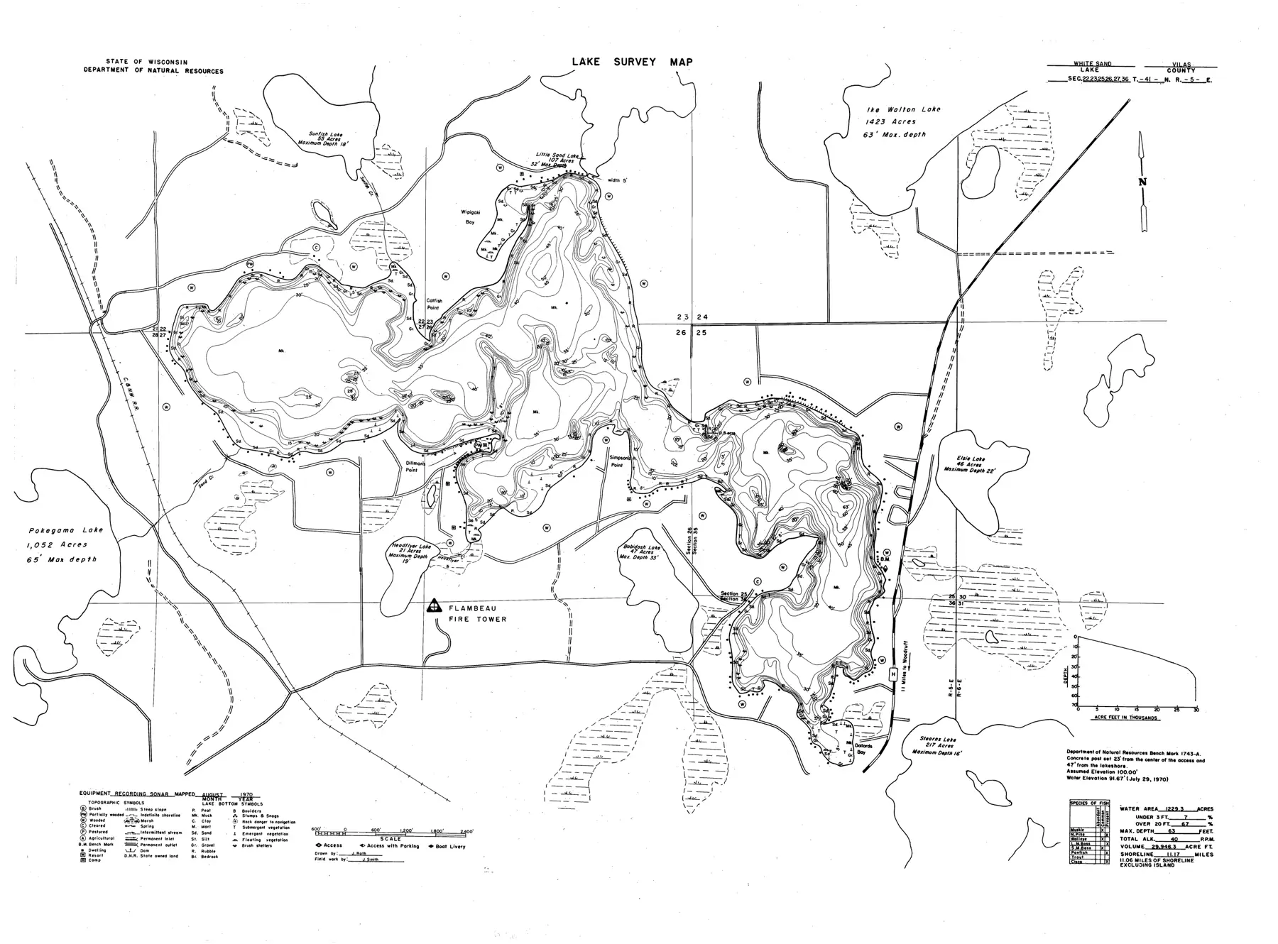 DNR survey map of White Sand Lake, sheet 1 of 3, with depths in feet. Tap to zoom.