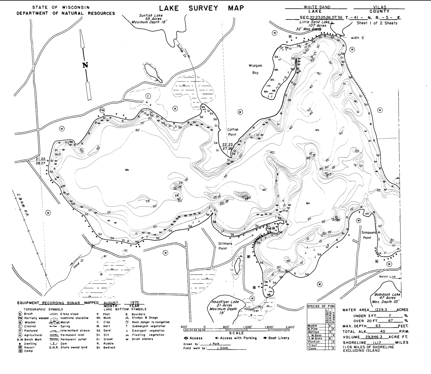 DNR survey map of White Sand Lake, sheet 2 of 3, with depths in feet. Tap to zoom.