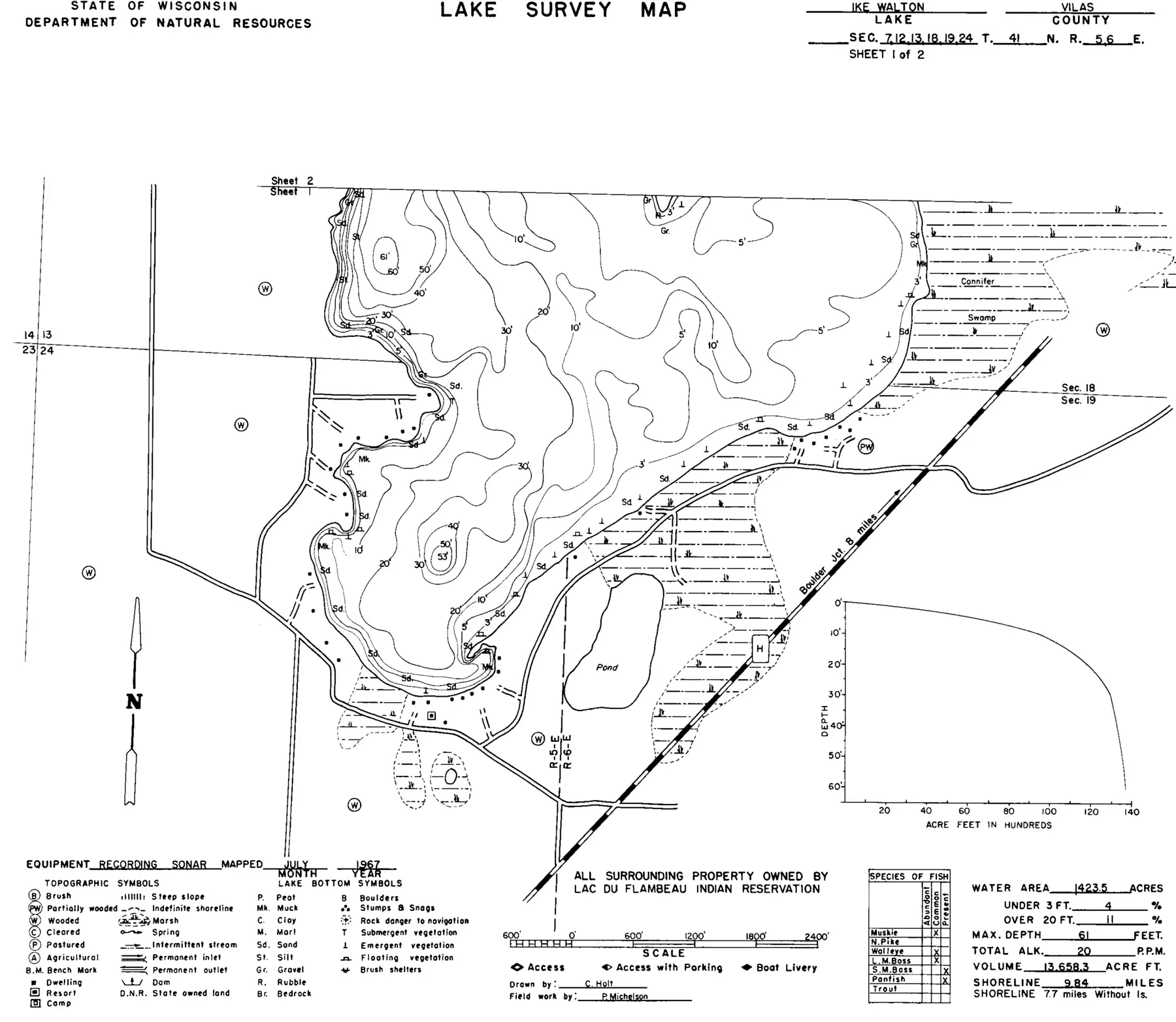 DNR survey map of Ike Walton Lake, sheet 1 of 2, with depths in feet. Tap to zoom.
