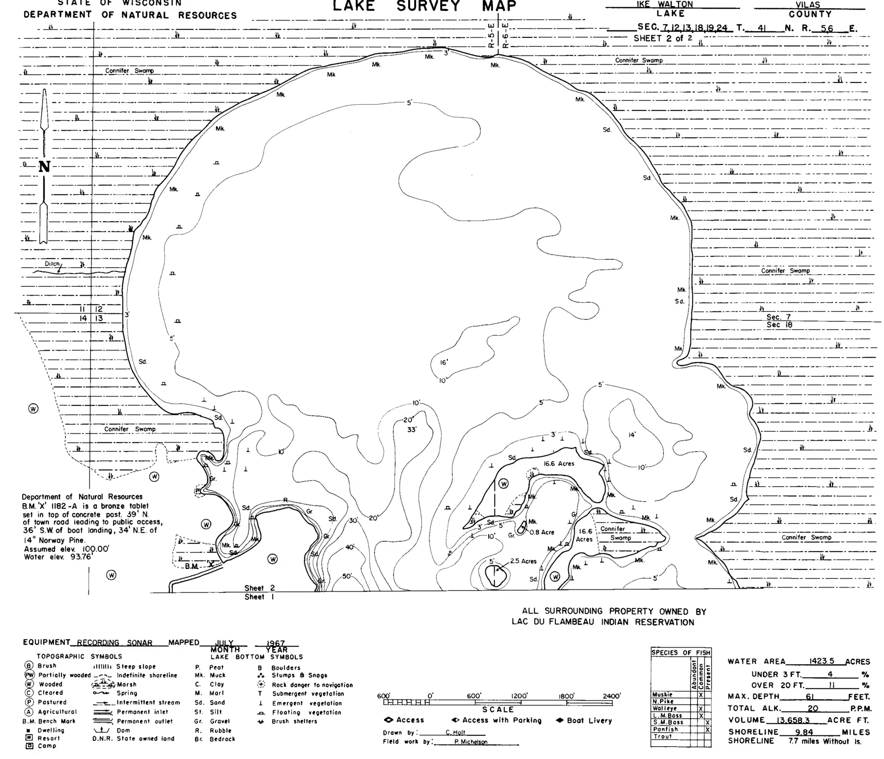 DNR survey map of Ike Walton Lake, sheet 2 of 2, with depths in feet. Tap to zoom.