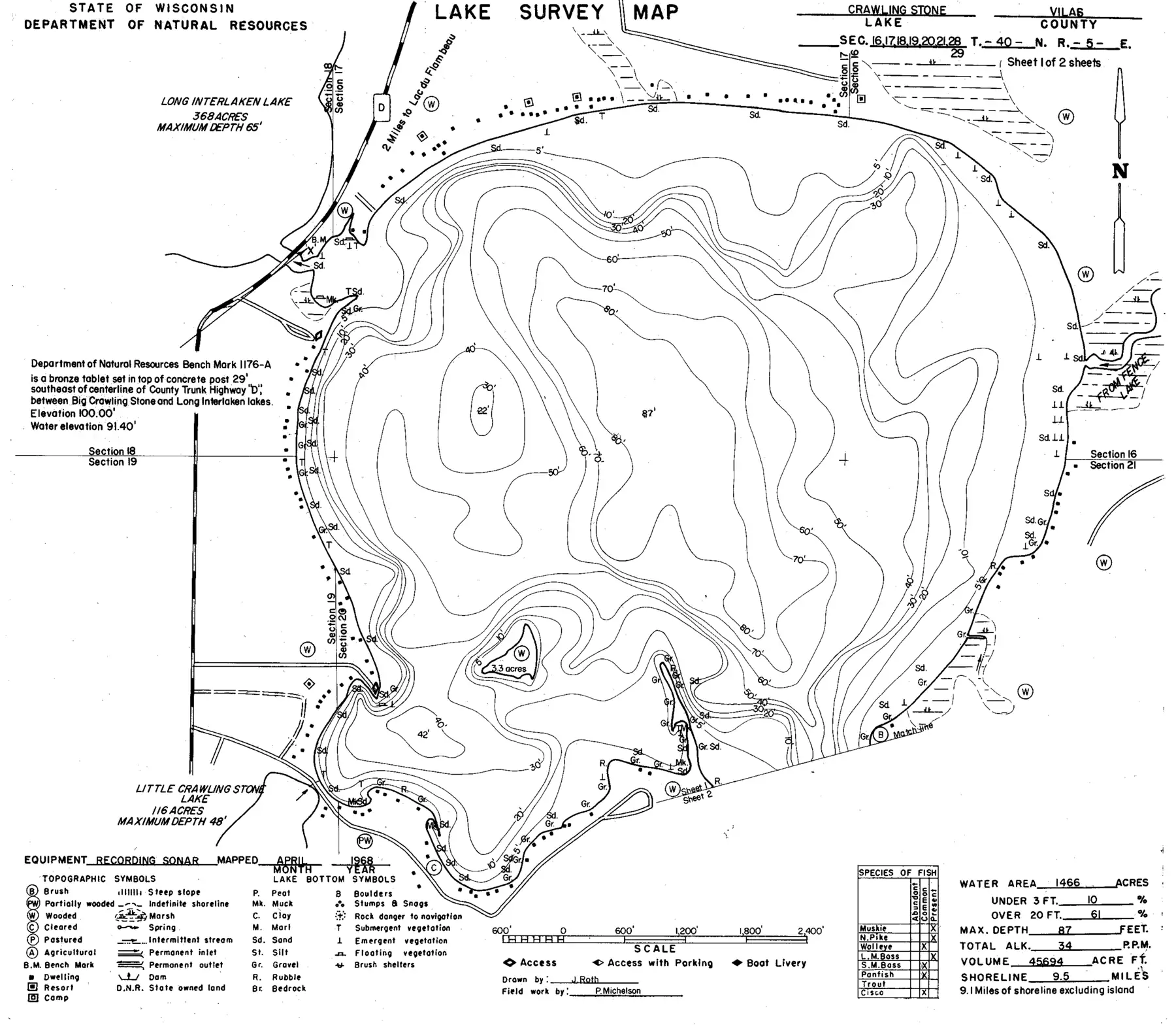 DNR survey map of Crawling Stone Lake, sheet 1 of 2, with depths in feet. Tap to zoom.