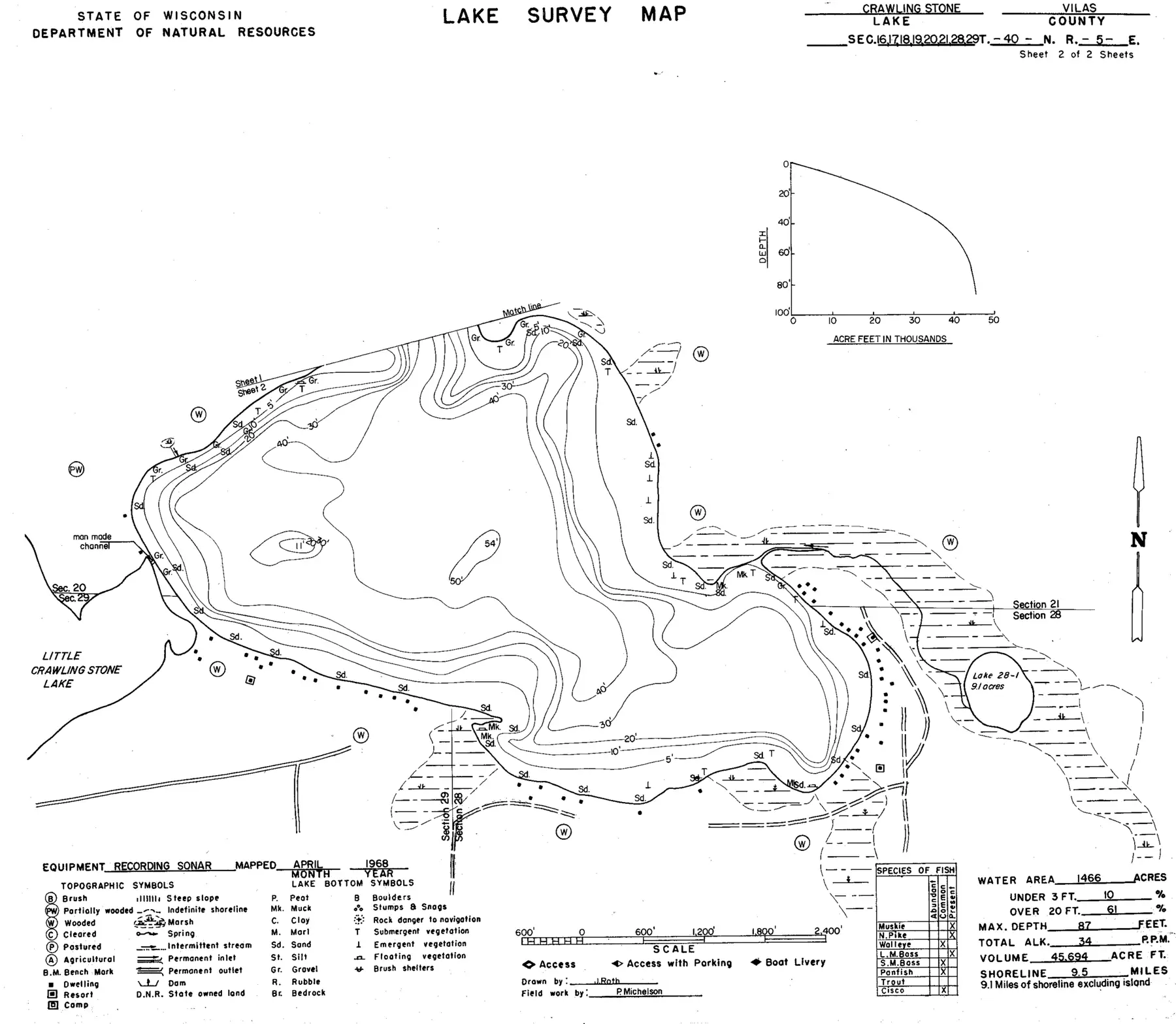 DNR survey map of Crawling Stone Lake, sheet 2 of 2, with depths in feet. Tap to zoom.