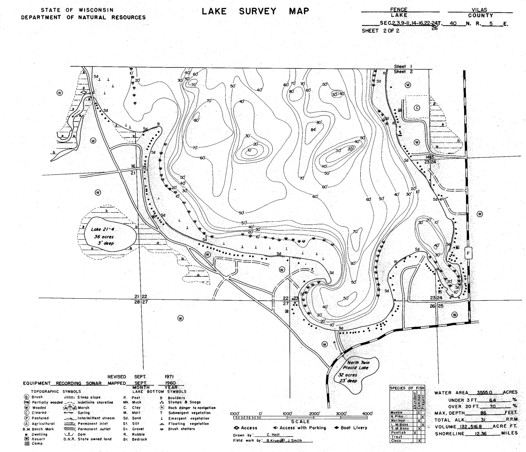 DNR survey map of Fence Lake, sheet 2 of 2, with depths in feet. Tap to zoom.