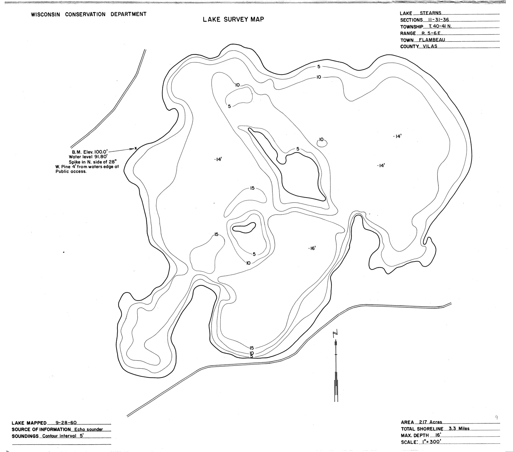 DNR survey map of Stearns Lake, with depths in feet. Tap to zoom.