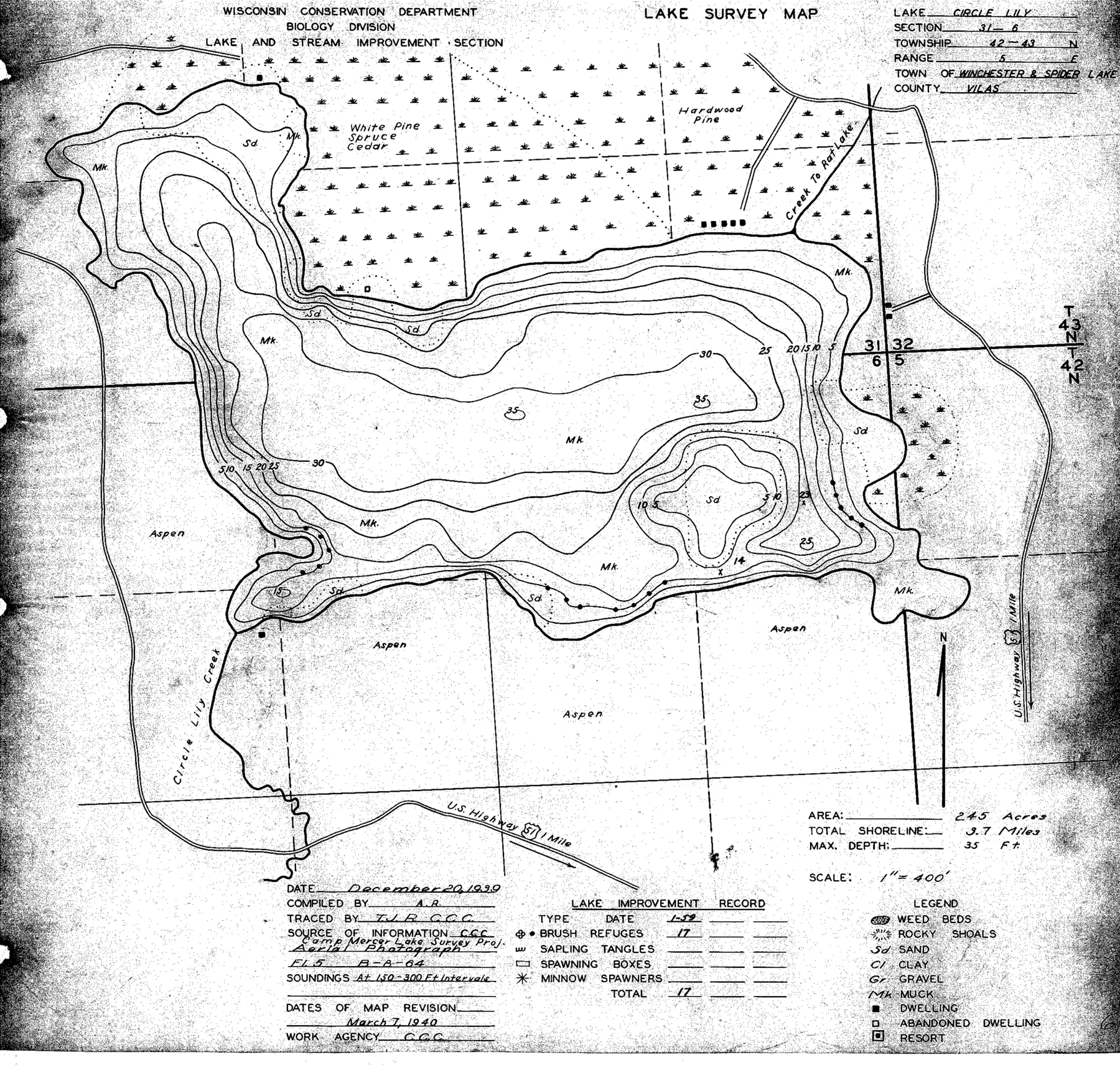 DNR survey map of Circle Lily Lake, with depths in feet. Tap to zoom.