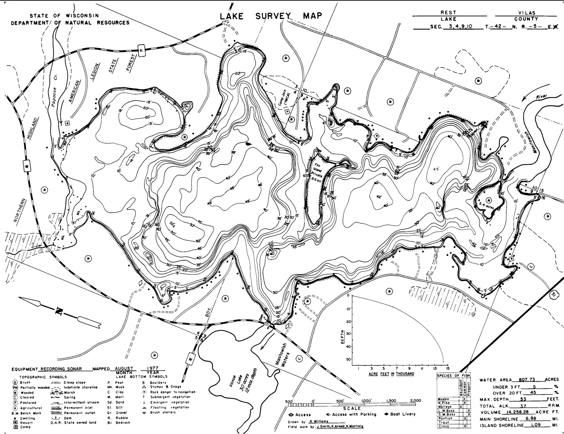 DNR survey map of Rest Lake, with depths in feet. Tap to zoom.