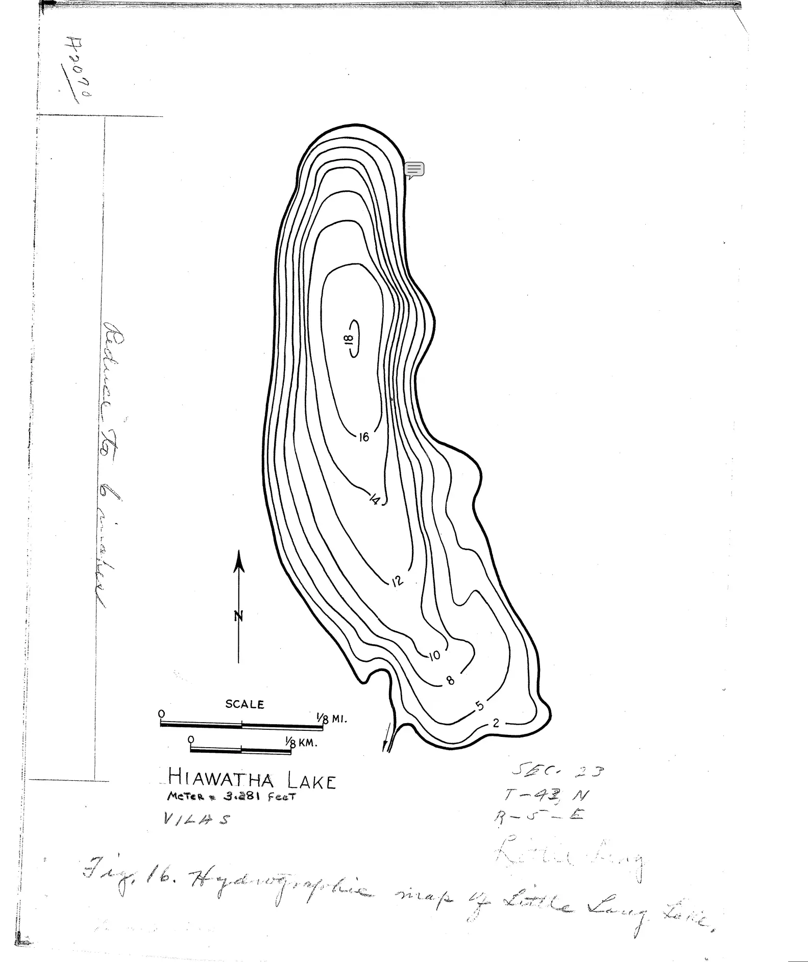 DNR survey map of Hiawatha Lake, with depths in feet. Tap to zoom.