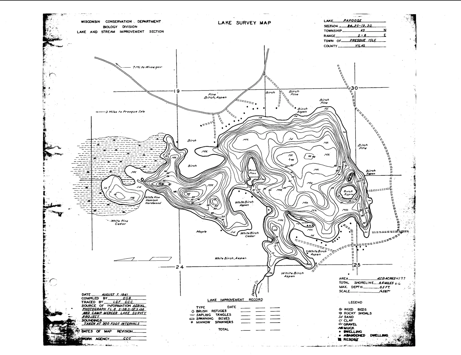 DNR survey map of Papoose Lake, with depths in feet. Tap to zoom.