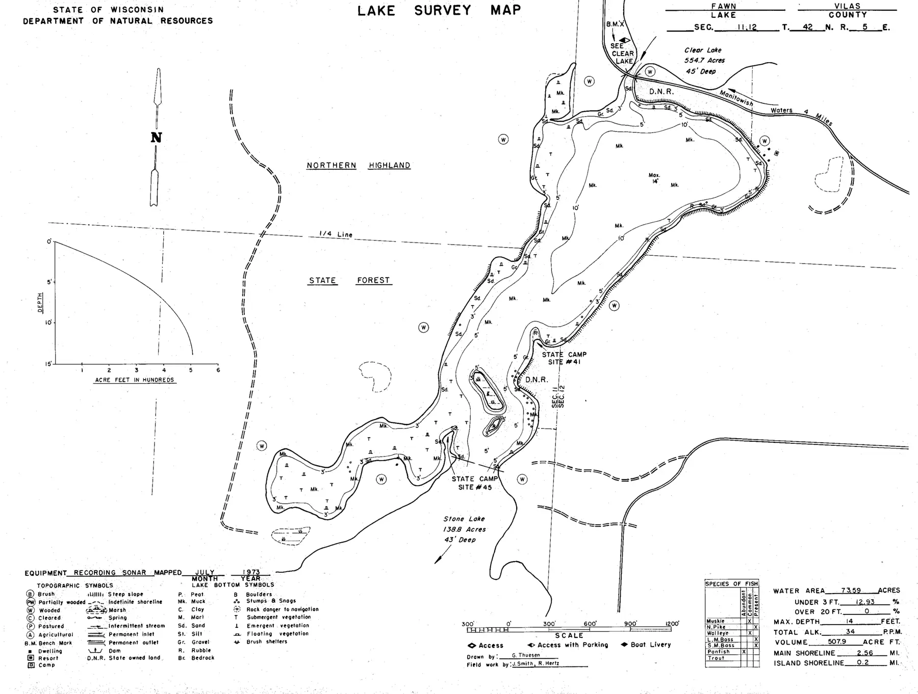 DNR survey map of Fawn Lake, with depths in feet. Tap to zoom.