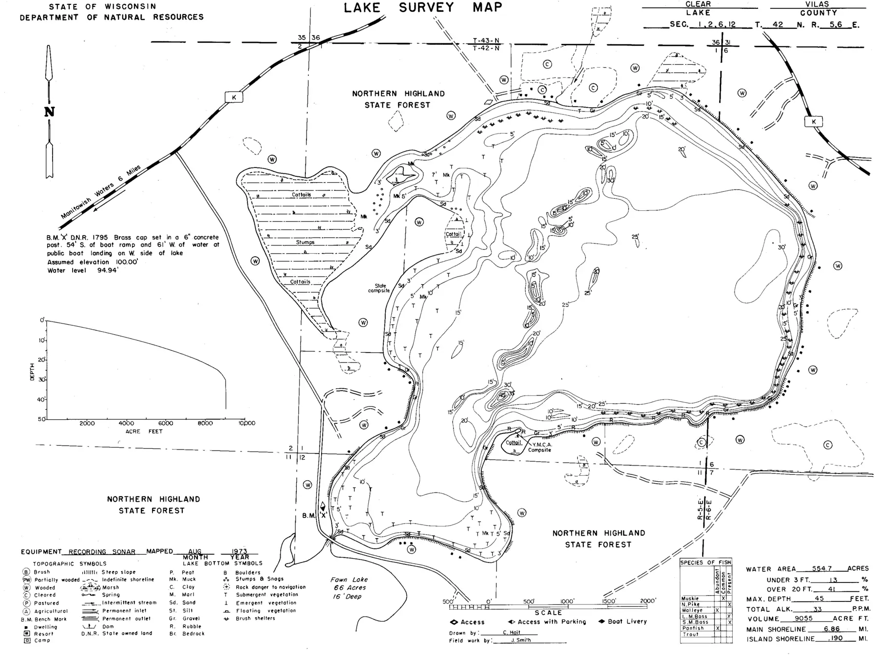DNR survey map of Clear Lake, with depths in feet. Tap to zoom.