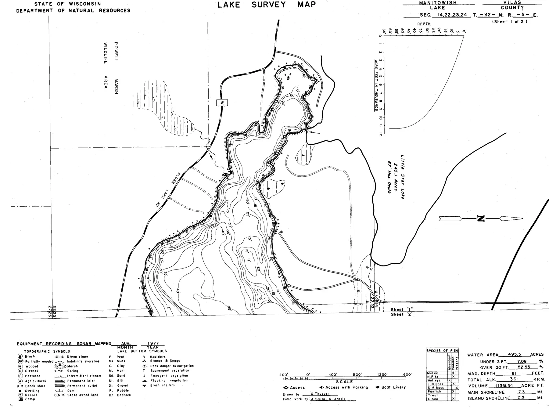 DNR survey map of Manitowish Lake, sheet 1 of 2, with depths in feet. Tap to zoom.