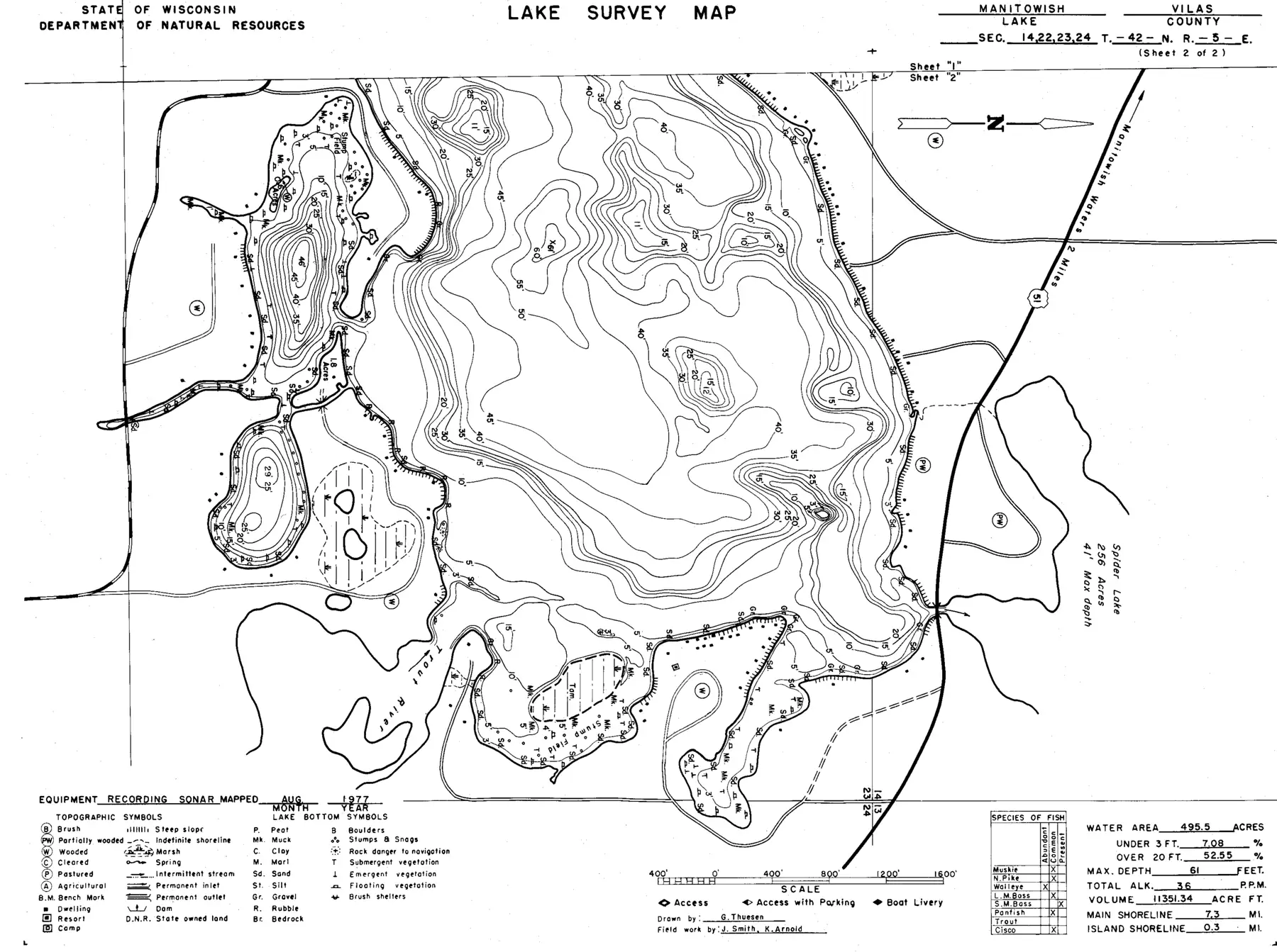 DNR survey map of Manitowish Lake, sheet 2 of 2, with depths in feet. Tap to zoom.