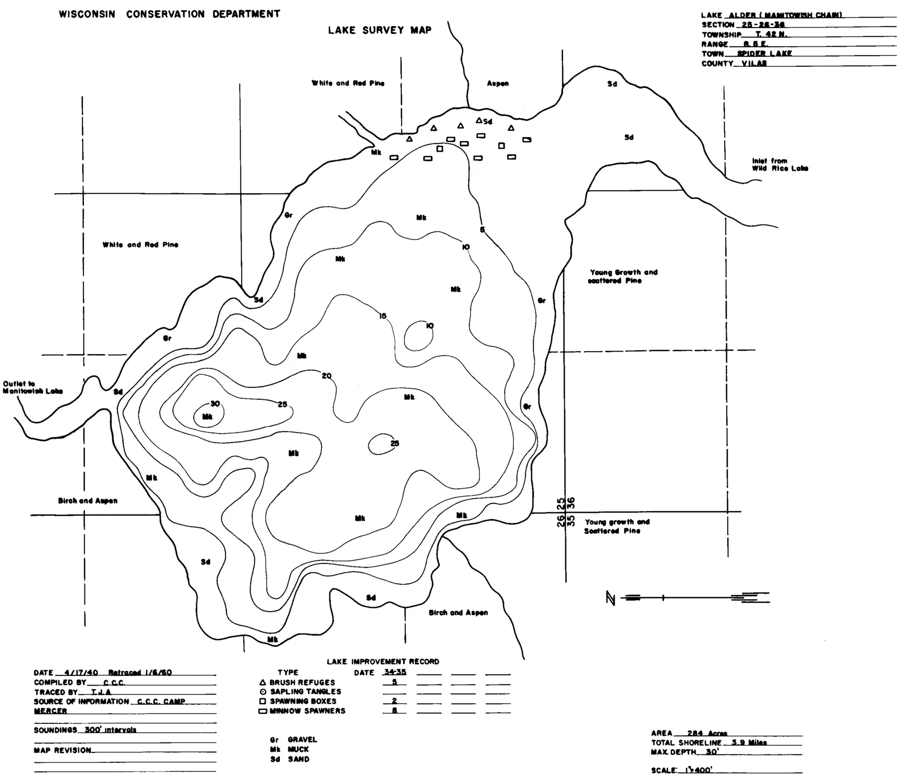 DNR survey map of Alder Lake, with depths in feet. Tap to zoom.
