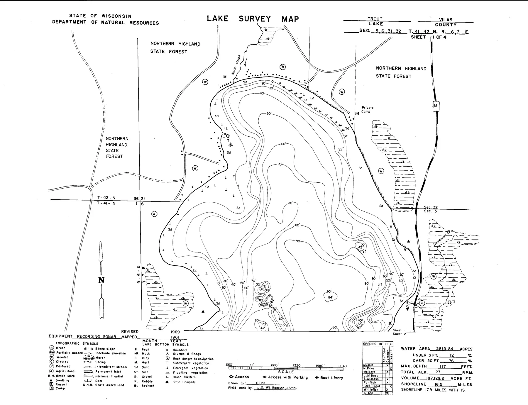 DNR survey map of Trout Lake, sheet 1 of 4, with depths in feet. Tap to zoom.