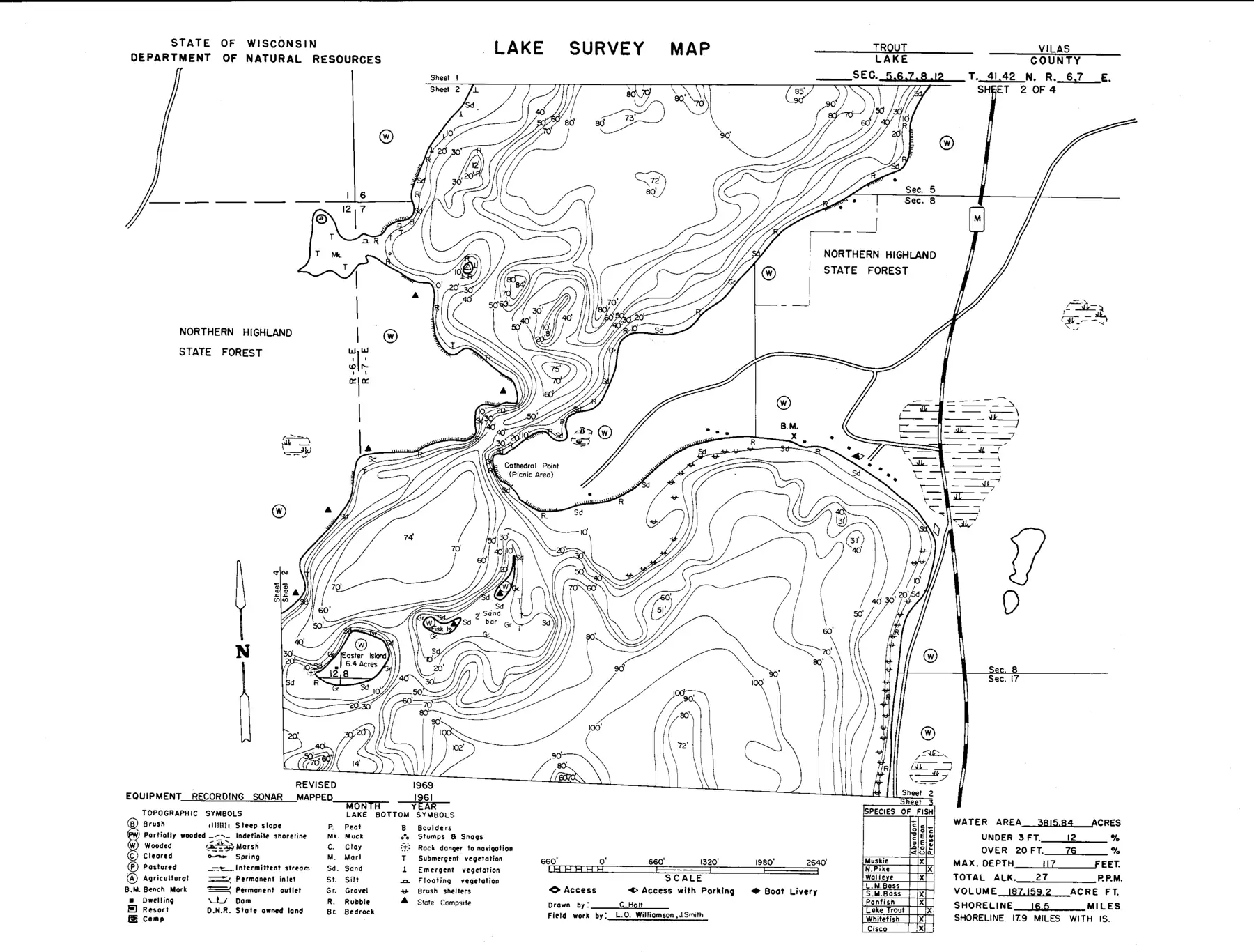 DNR survey map of Trout Lake, sheet 2 of 4, with depths in feet. Tap to zoom.