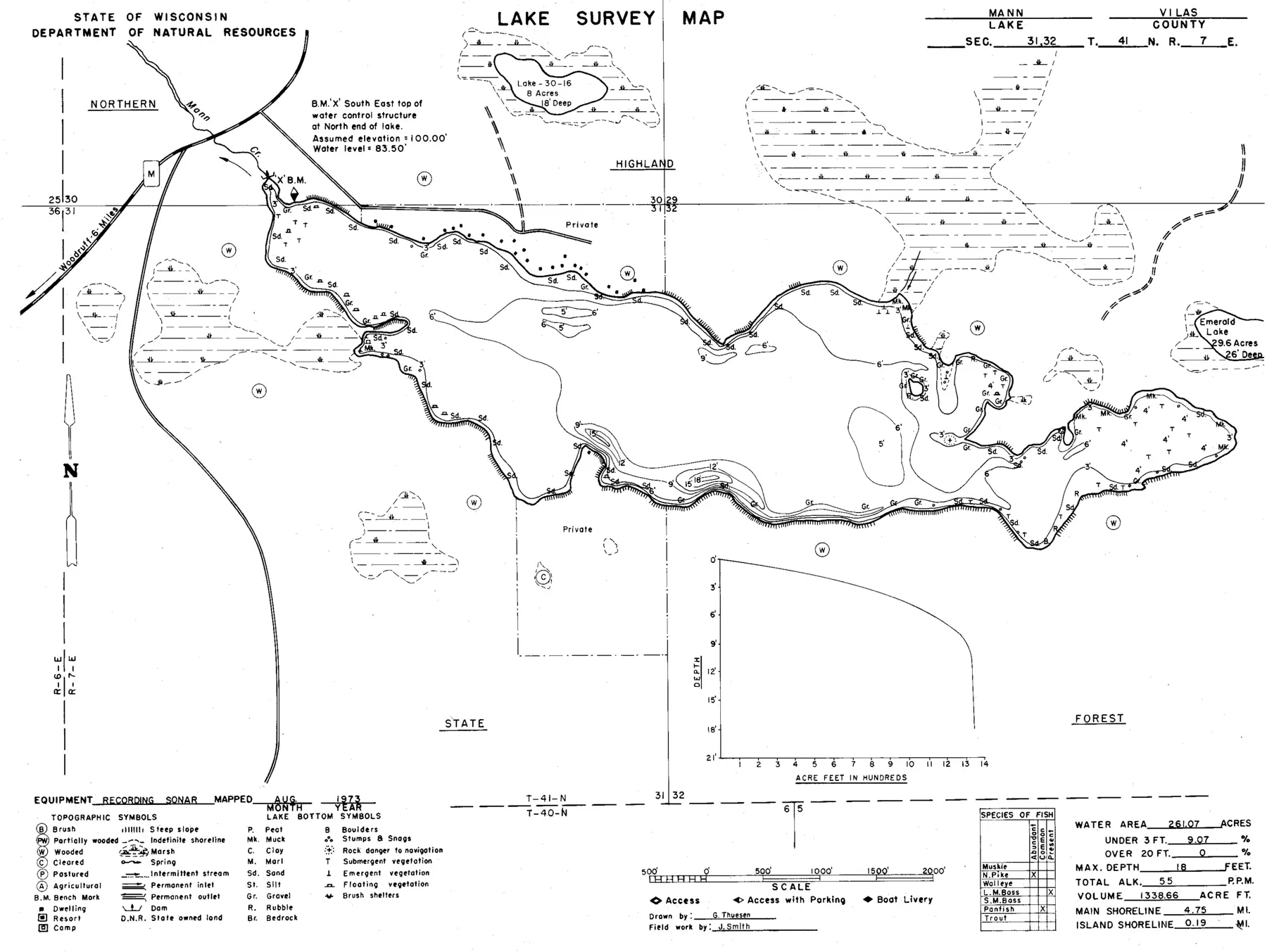 DNR survey map of Mann Lake, with depths in feet. Tap to zoom.