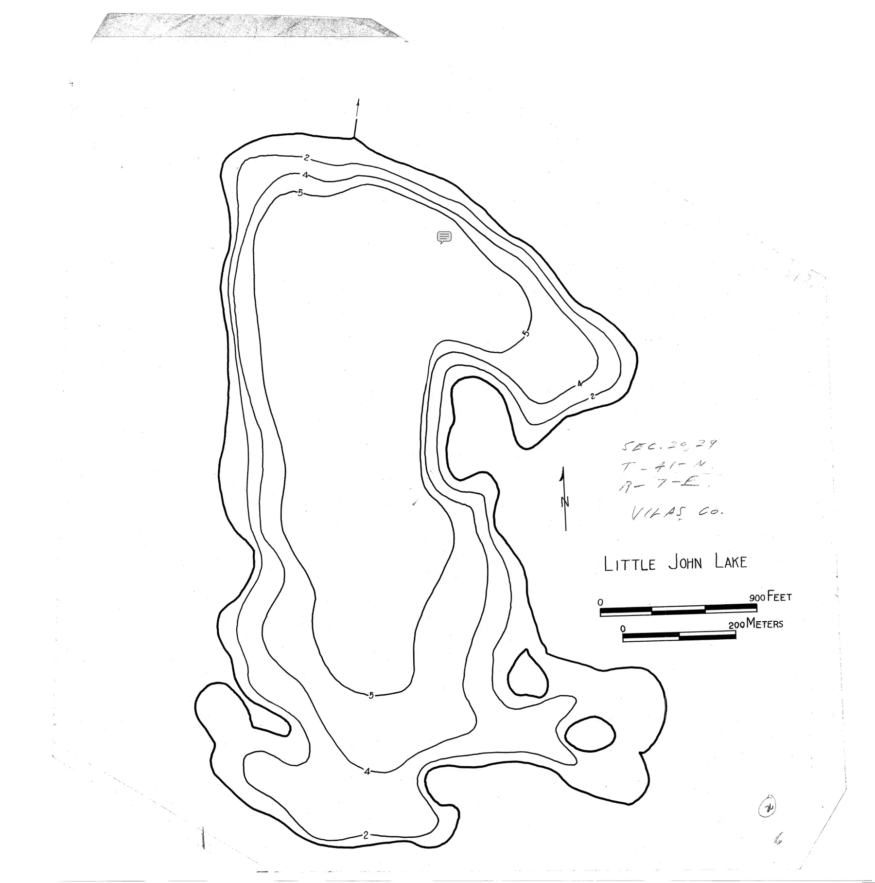 DNR survey map of Little John Lake, with depths in feet. Tap to zoom.