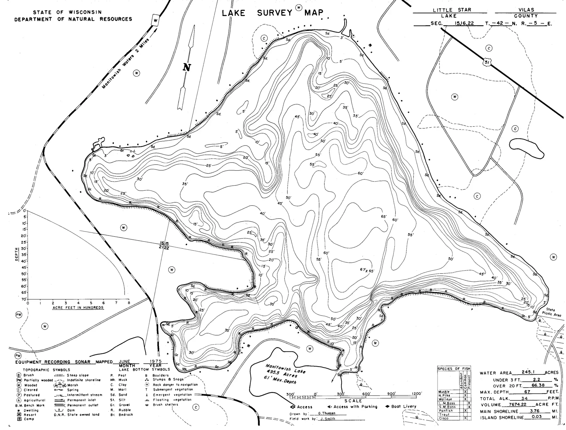 DNR survey map of Little Star Lake, with depths in feet. Tap to zoom.