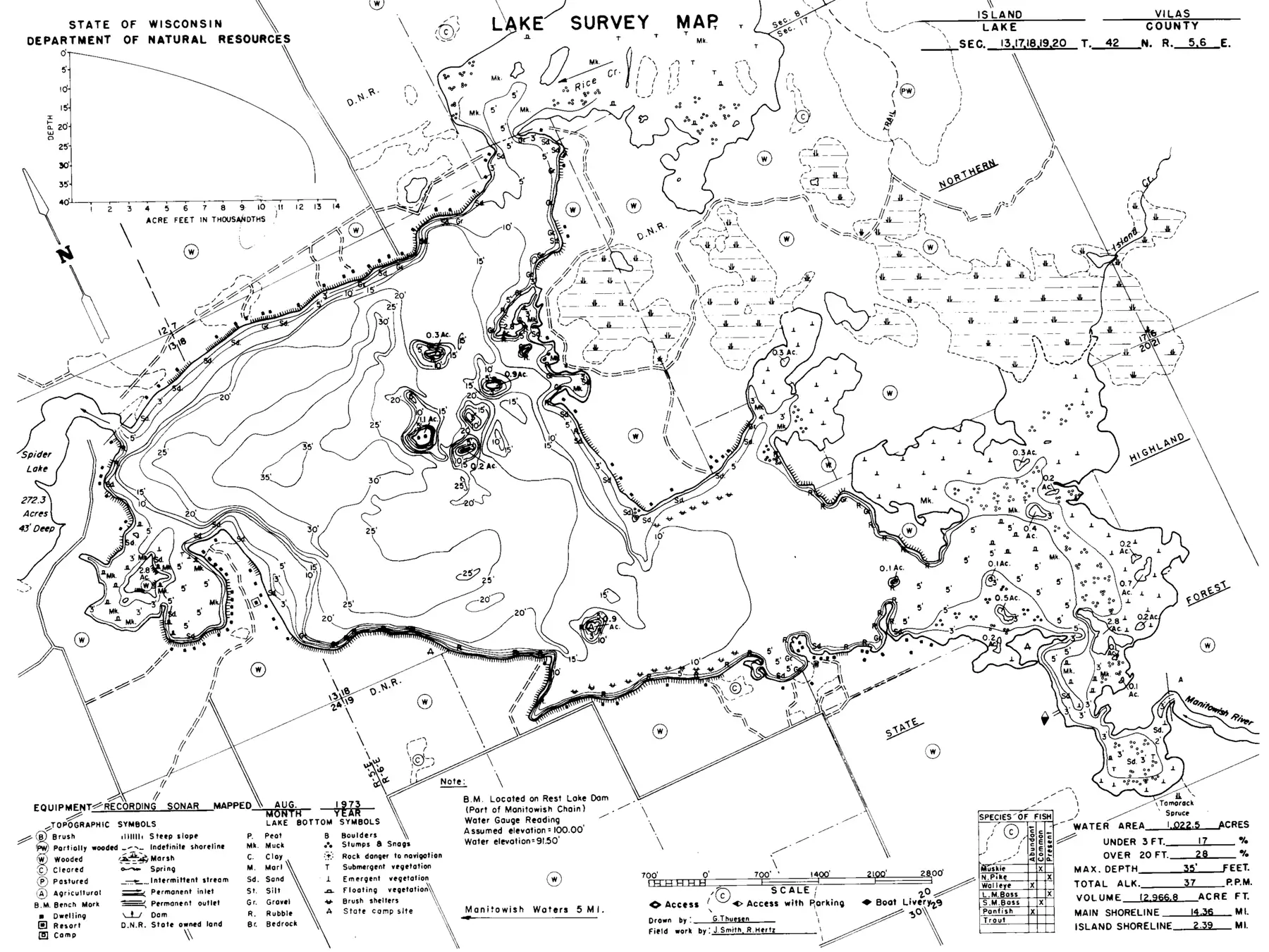 DNR survey map of Island Lake, with depths in feet. Tap to zoom.