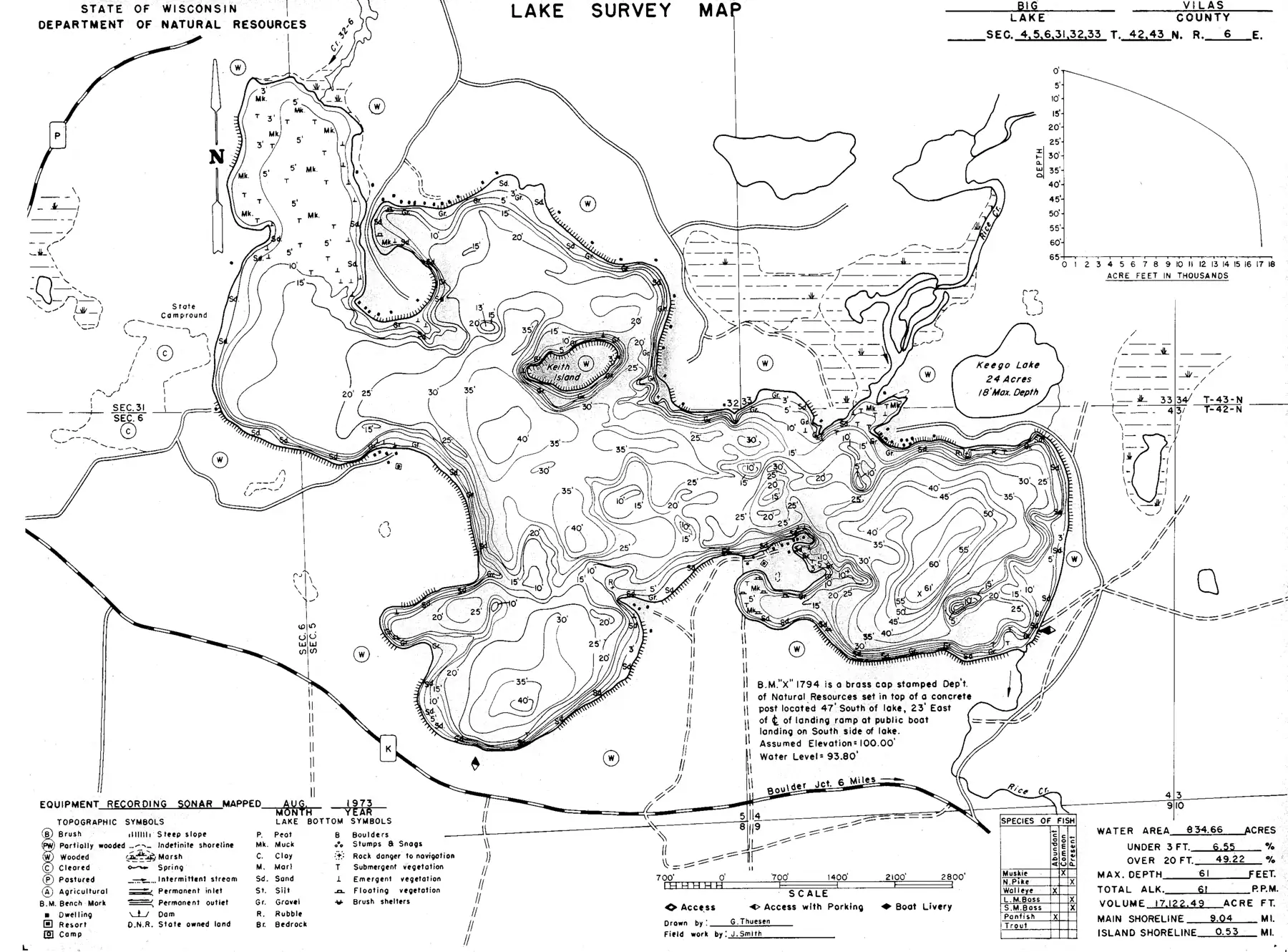 DNR survey map of Big Lake, with depths in feet. Tap to zoom.