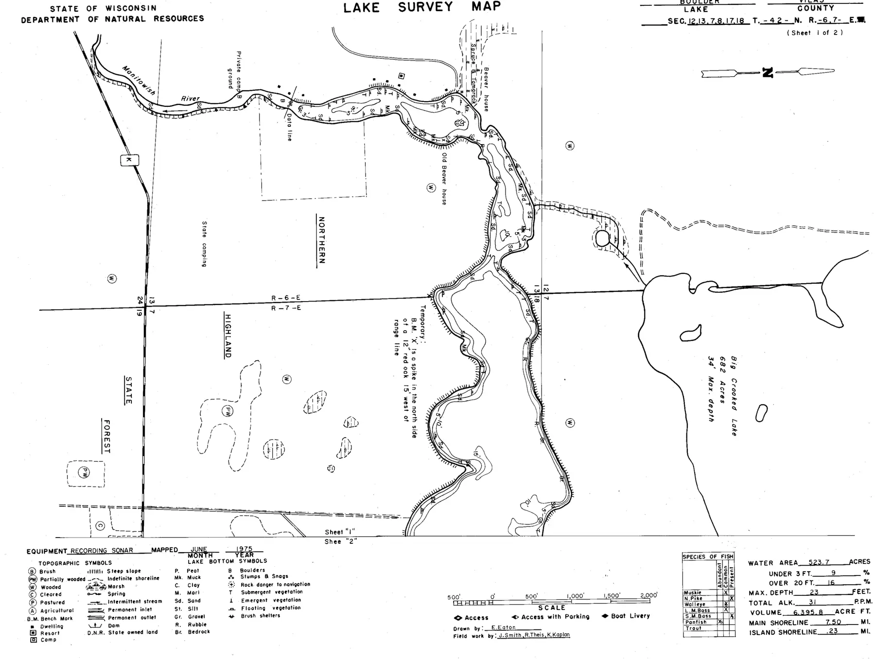DNR survey map of Boulder Lake, sheet 1 of 2, with depths in feet. Tap to zoom.