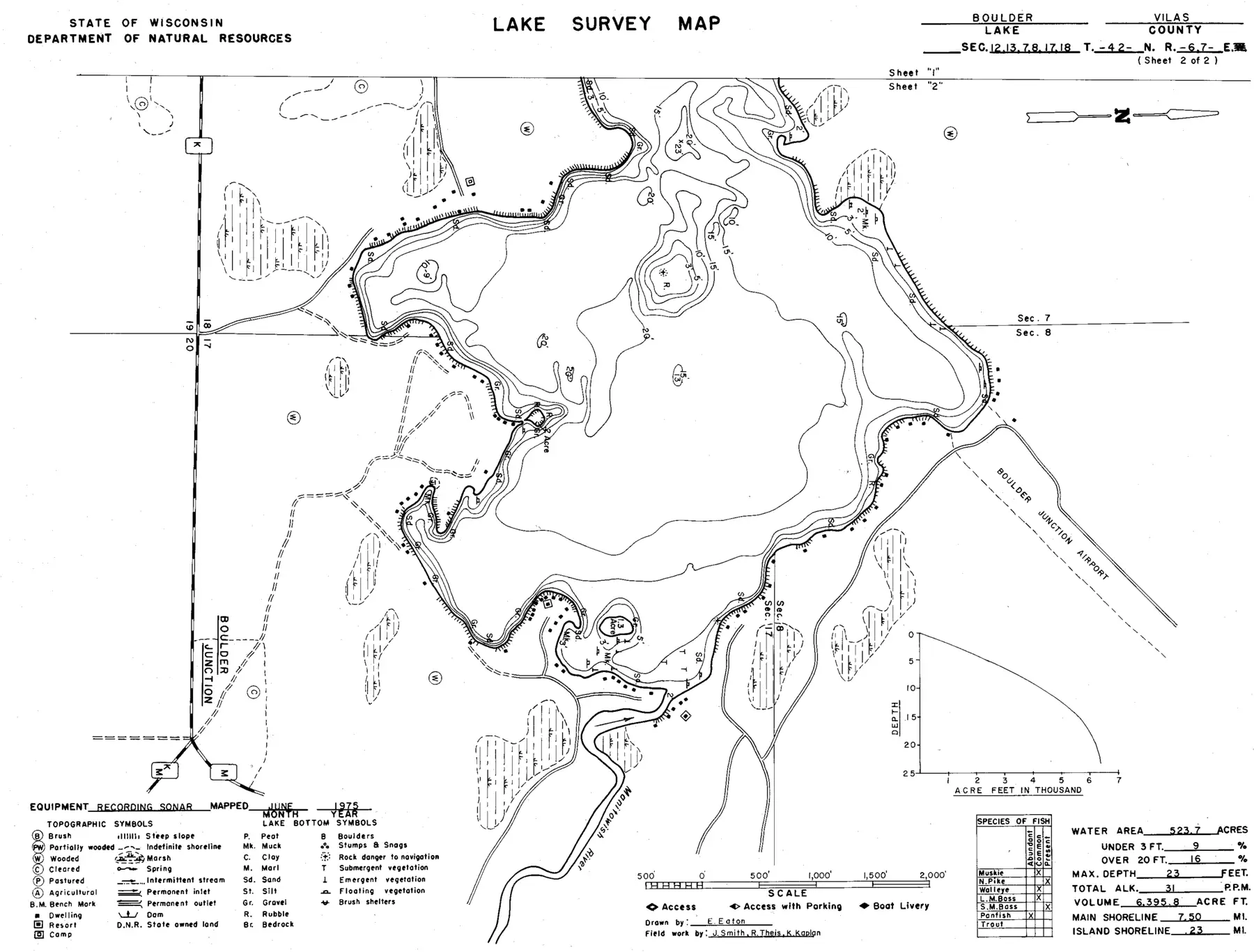 DNR survey map of Boulder Lake, sheet 2 of 2, with depths in feet. Tap to zoom.