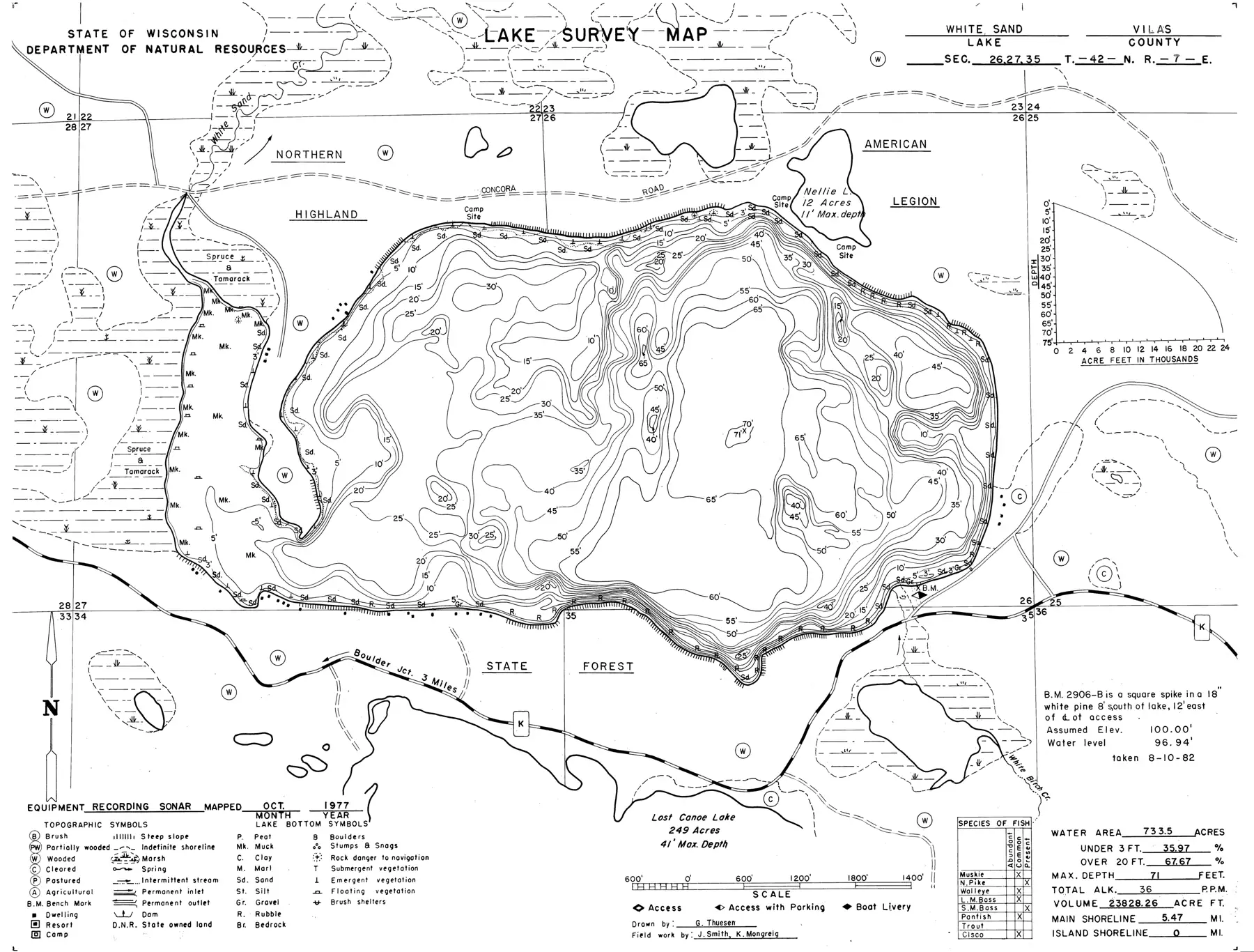 DNR survey map of White Sand Lake, with depths in feet. Tap to zoom.