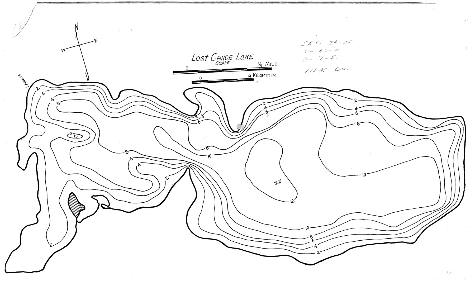 DNR survey map of Lost Canoe Lake, with depths in feet. Tap to zoom.