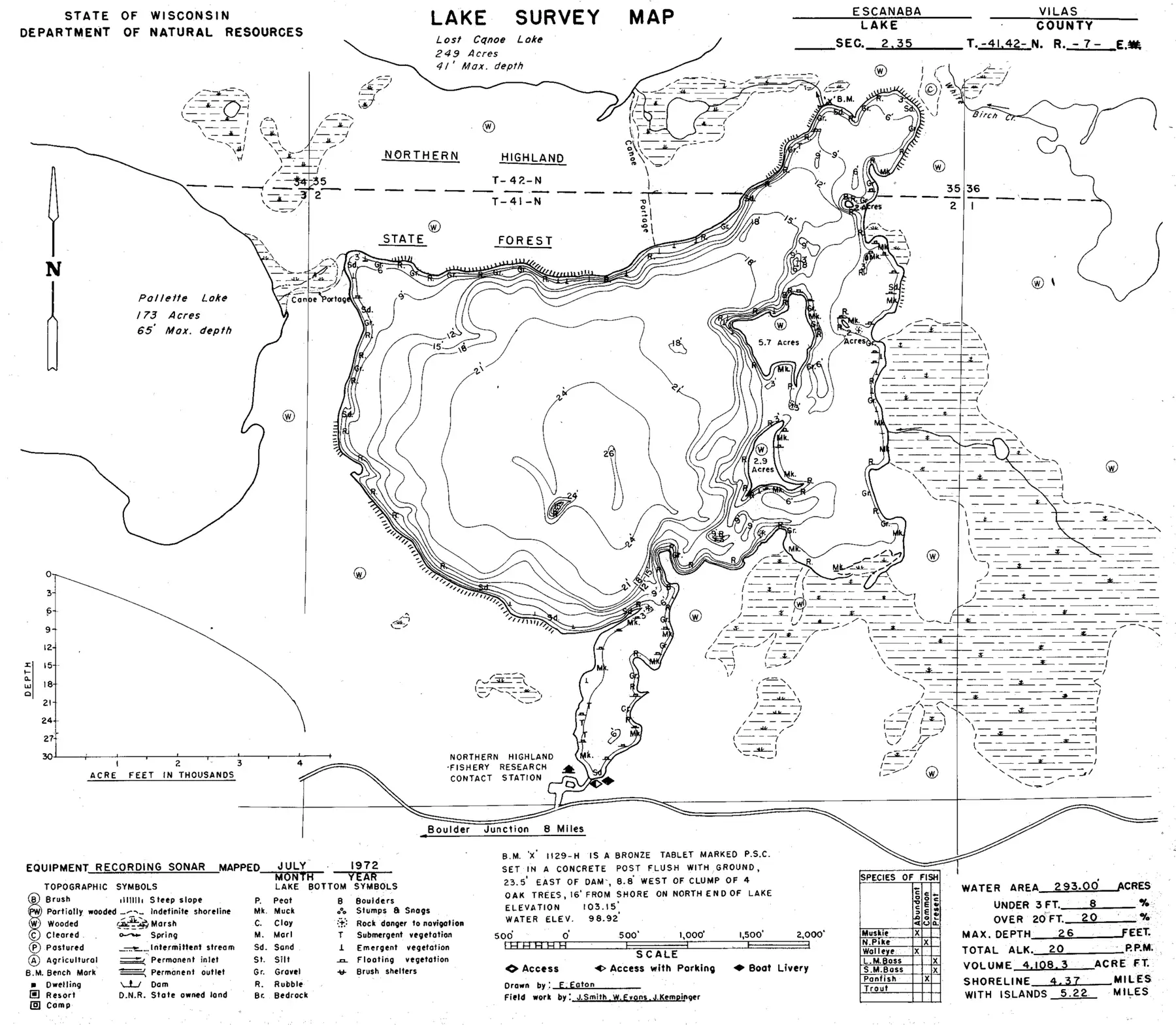 DNR survey map of Escanaba Lake, with depths in feet. Tap to zoom.