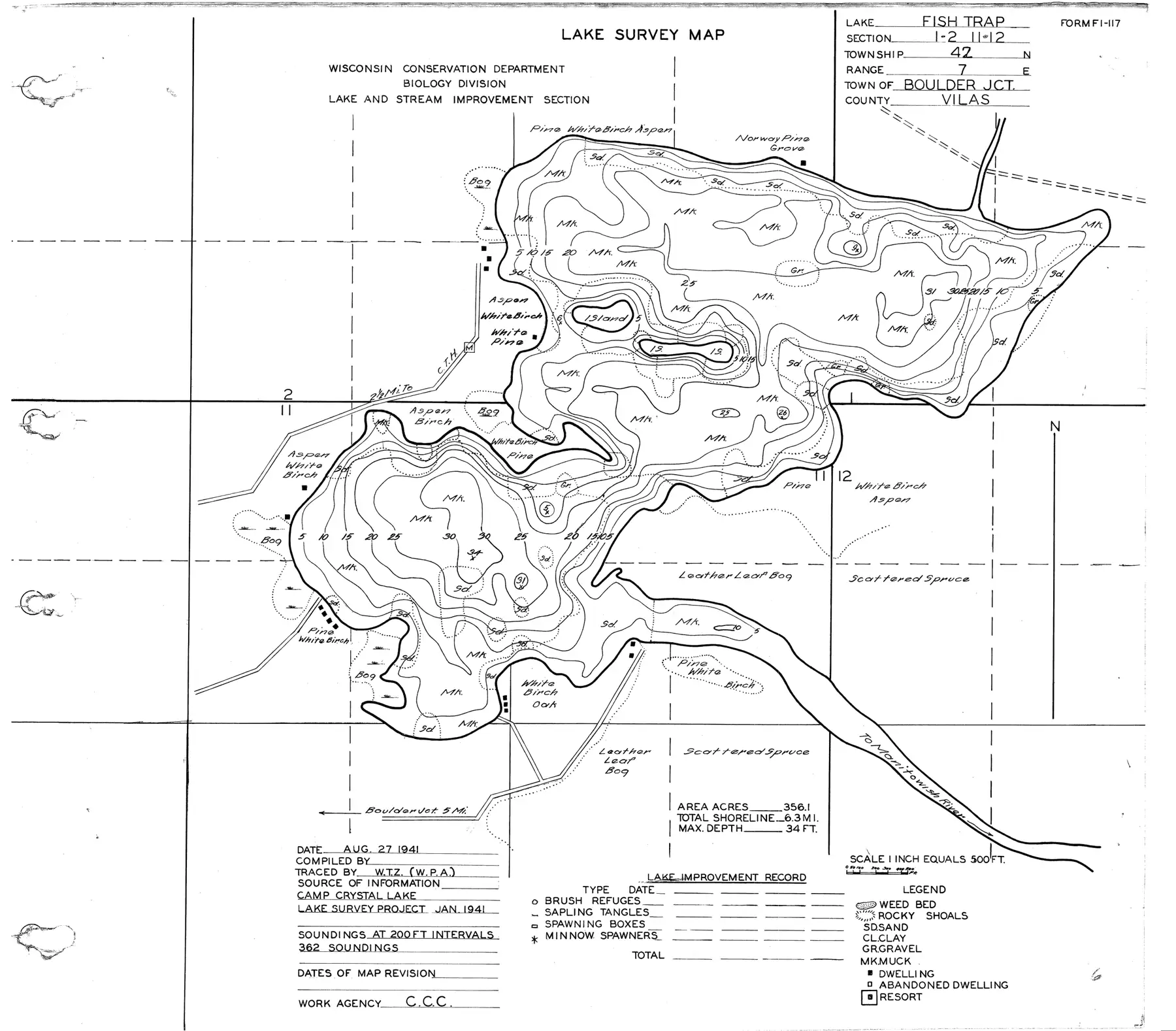 DNR survey map of Fishtrap Lake, with depths in feet. Tap to zoom.