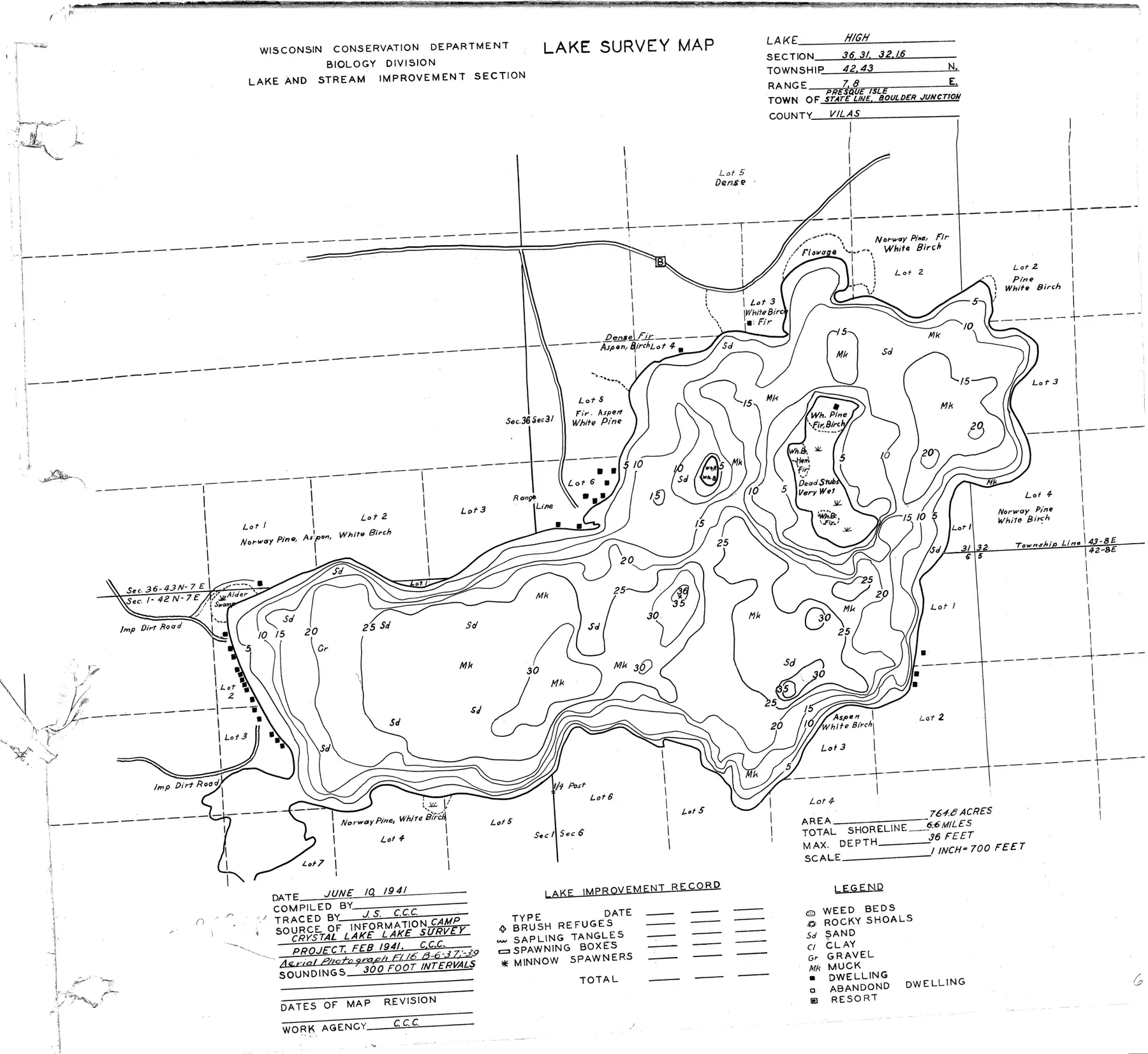 DNR survey map of High Lake, with depths in feet. Tap to zoom.