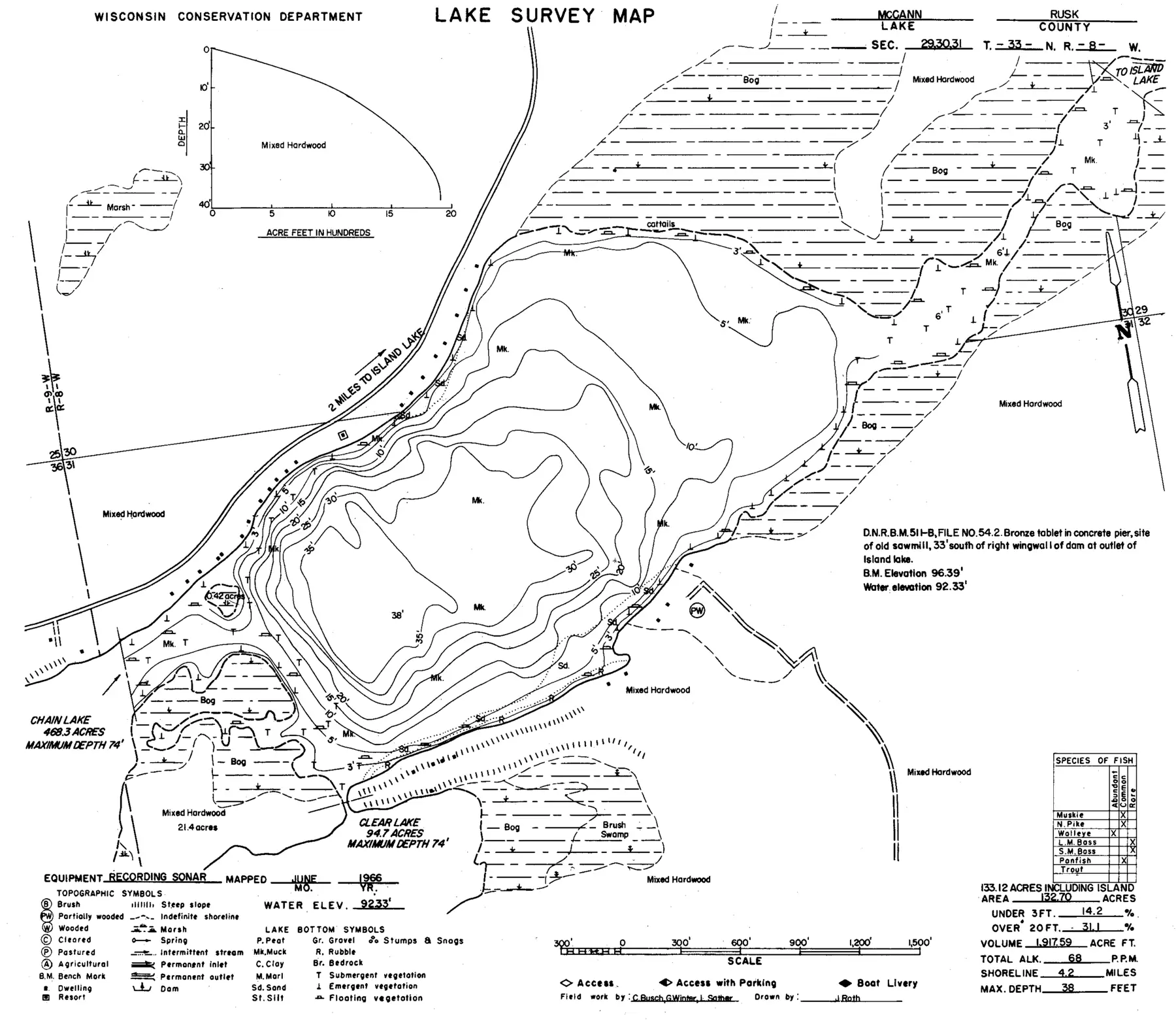 DNR survey map of McCann Lake, with depths in feet. Tap to zoom.