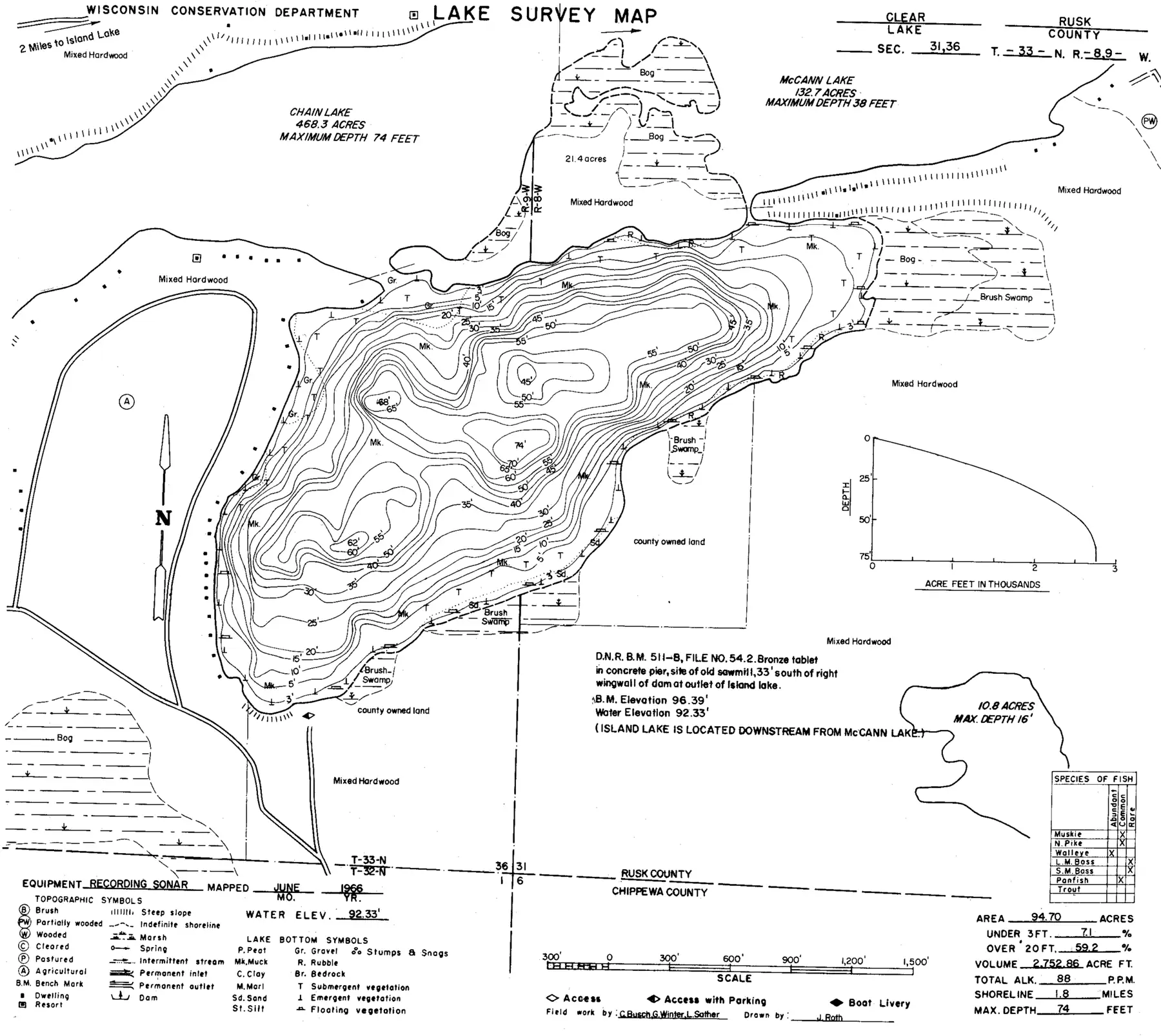 DNR survey map of Clear Lake, with depths in feet. Tap to zoom.