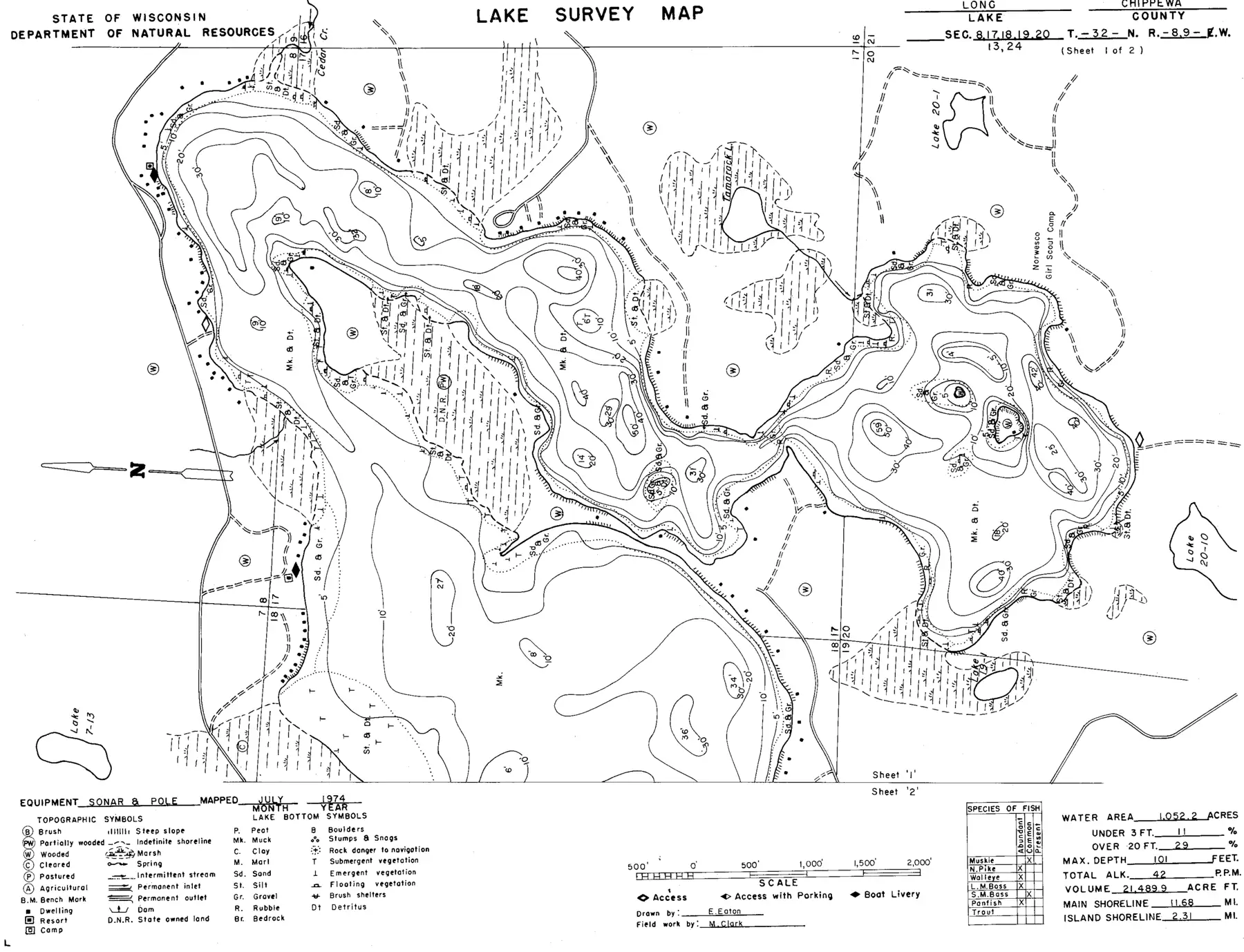DNR survey map of Long Lake, sheet 1 of 2, with depths in feet. Tap to zoom.