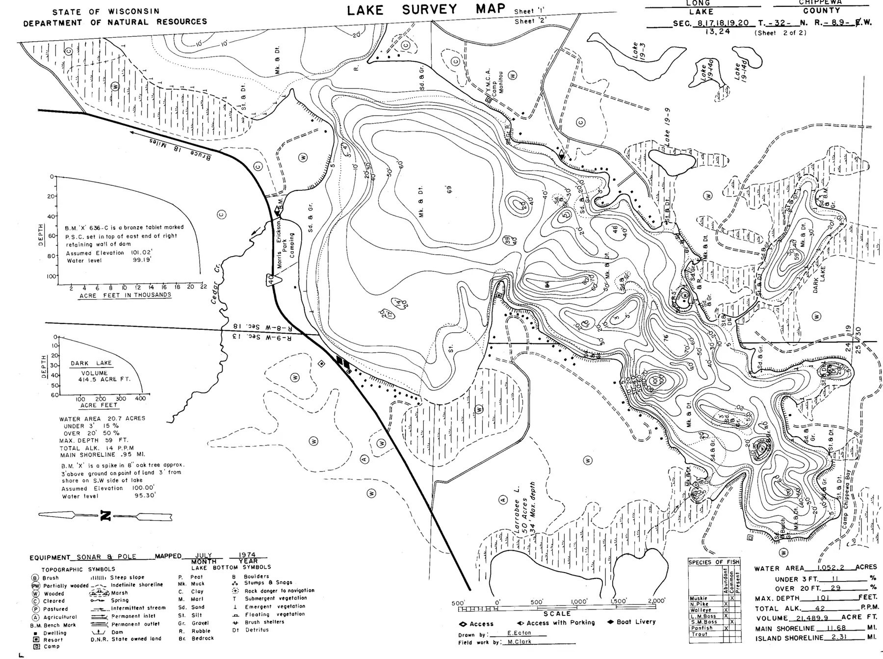 DNR survey map of Long Lake, sheet 2 of 2, with depths in feet. Tap to zoom.