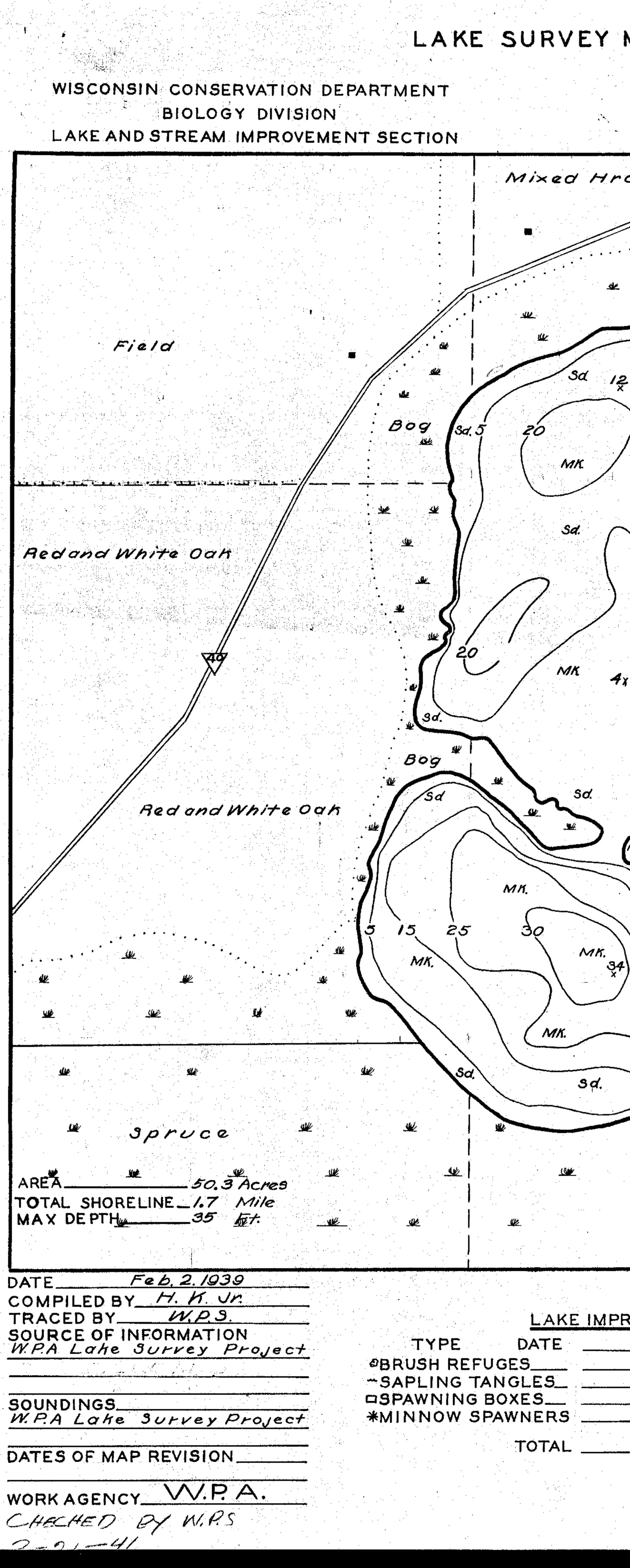 DNR survey map of Larrabee Lake, sheet 2 of 2, with depths in feet. Tap to zoom.